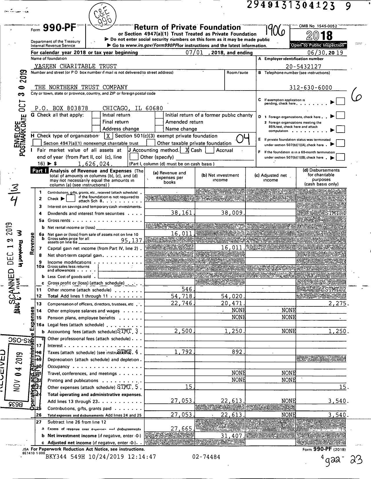 Image of first page of 2018 Form 990PF for Yaseen Charitable Trust