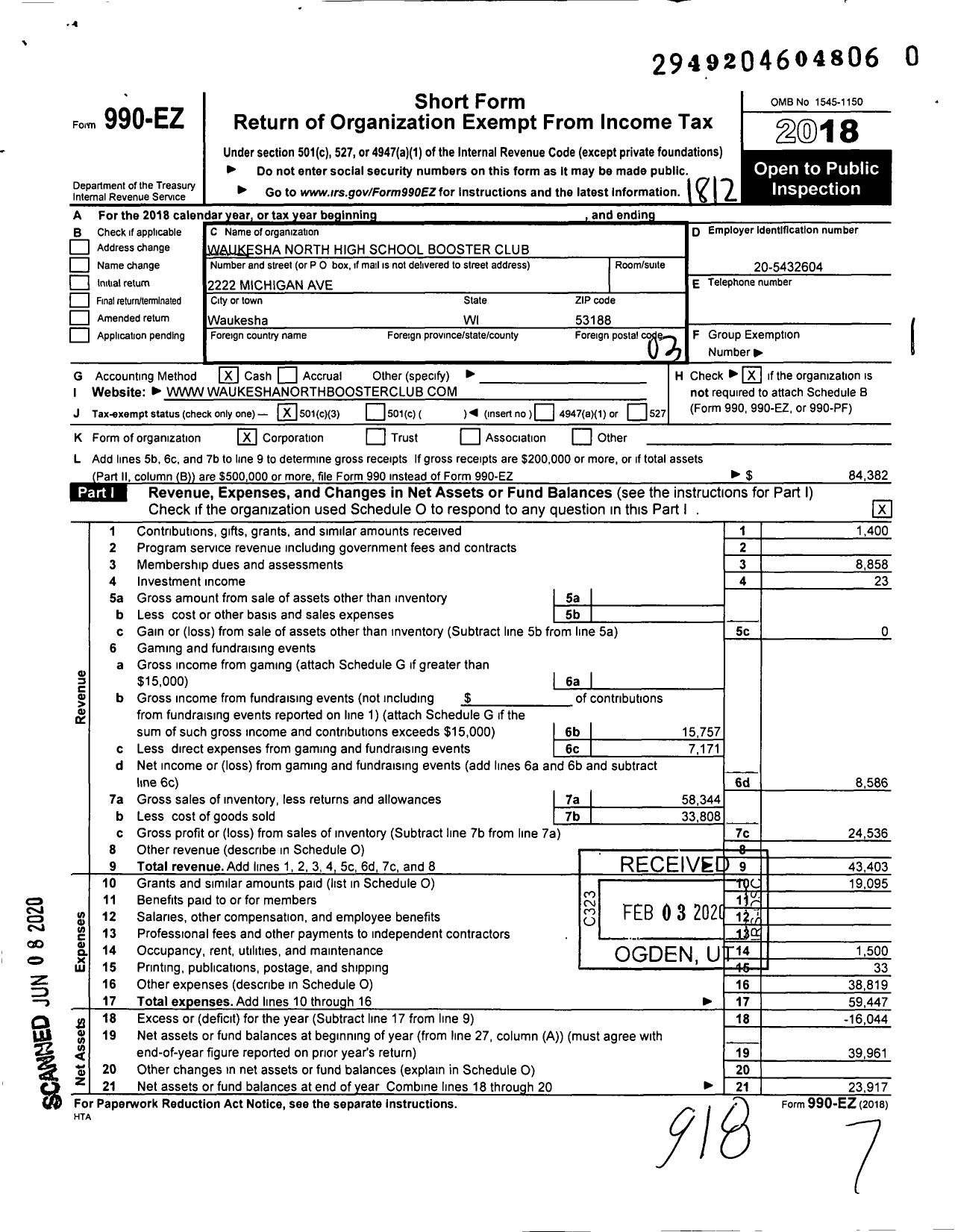 Image of first page of 2018 Form 990EZ for Waukesha North High School Booster Club