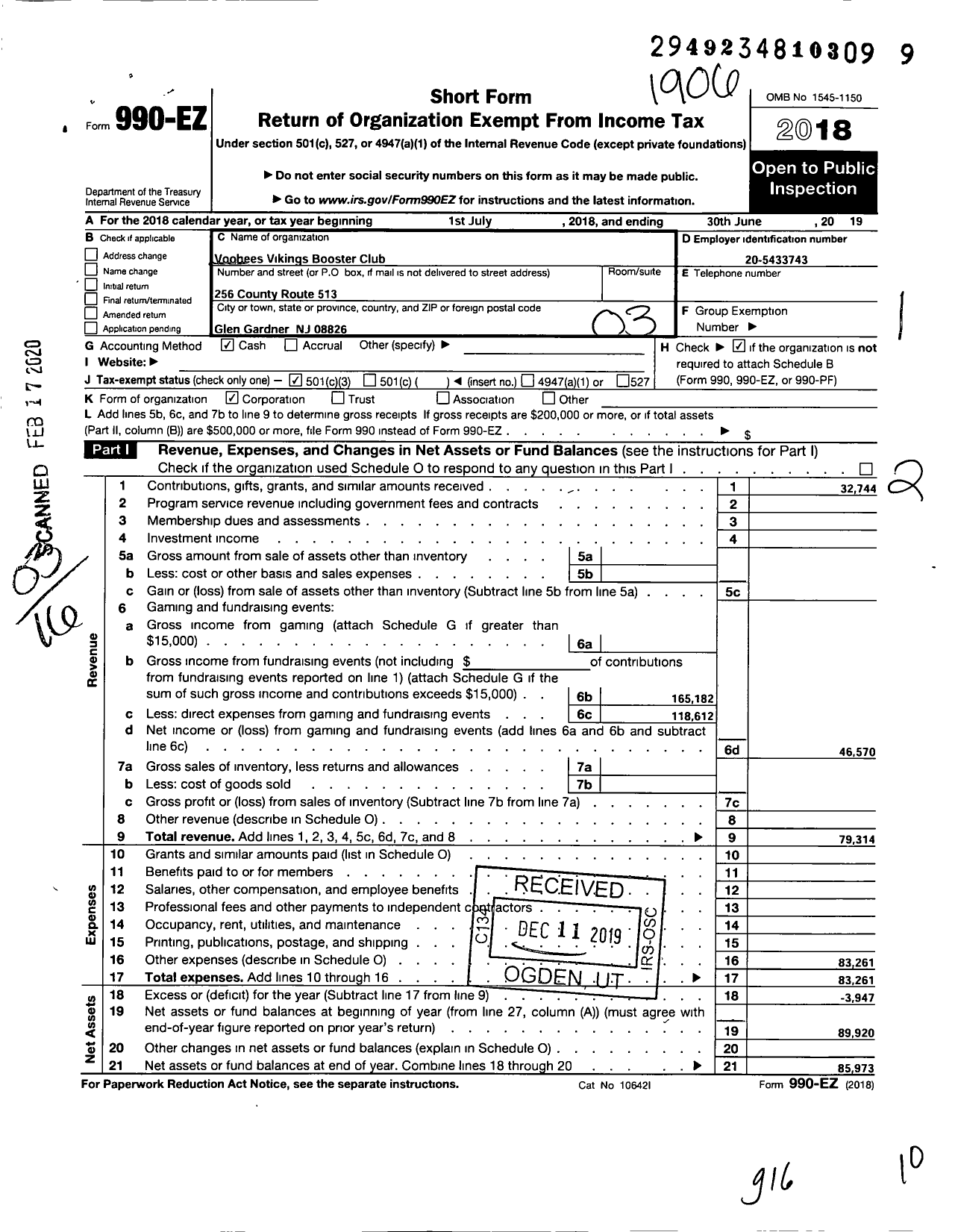 Image of first page of 2018 Form 990EZ for Voorhees Vikings Booster Club