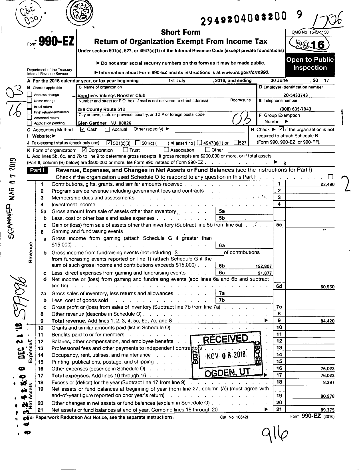 Image of first page of 2016 Form 990EZ for Voorhees Vikings Booster Club