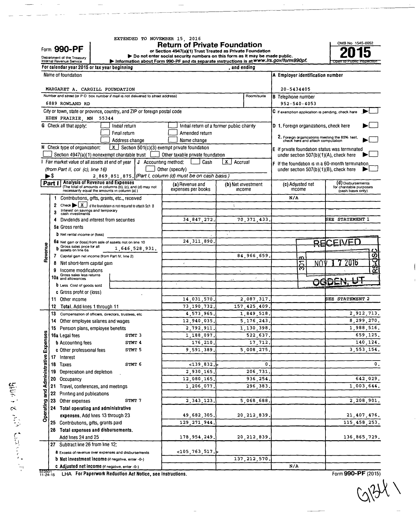 Image of first page of 2015 Form 990PF for Margaret A Cargill Philanthropies (MACP)