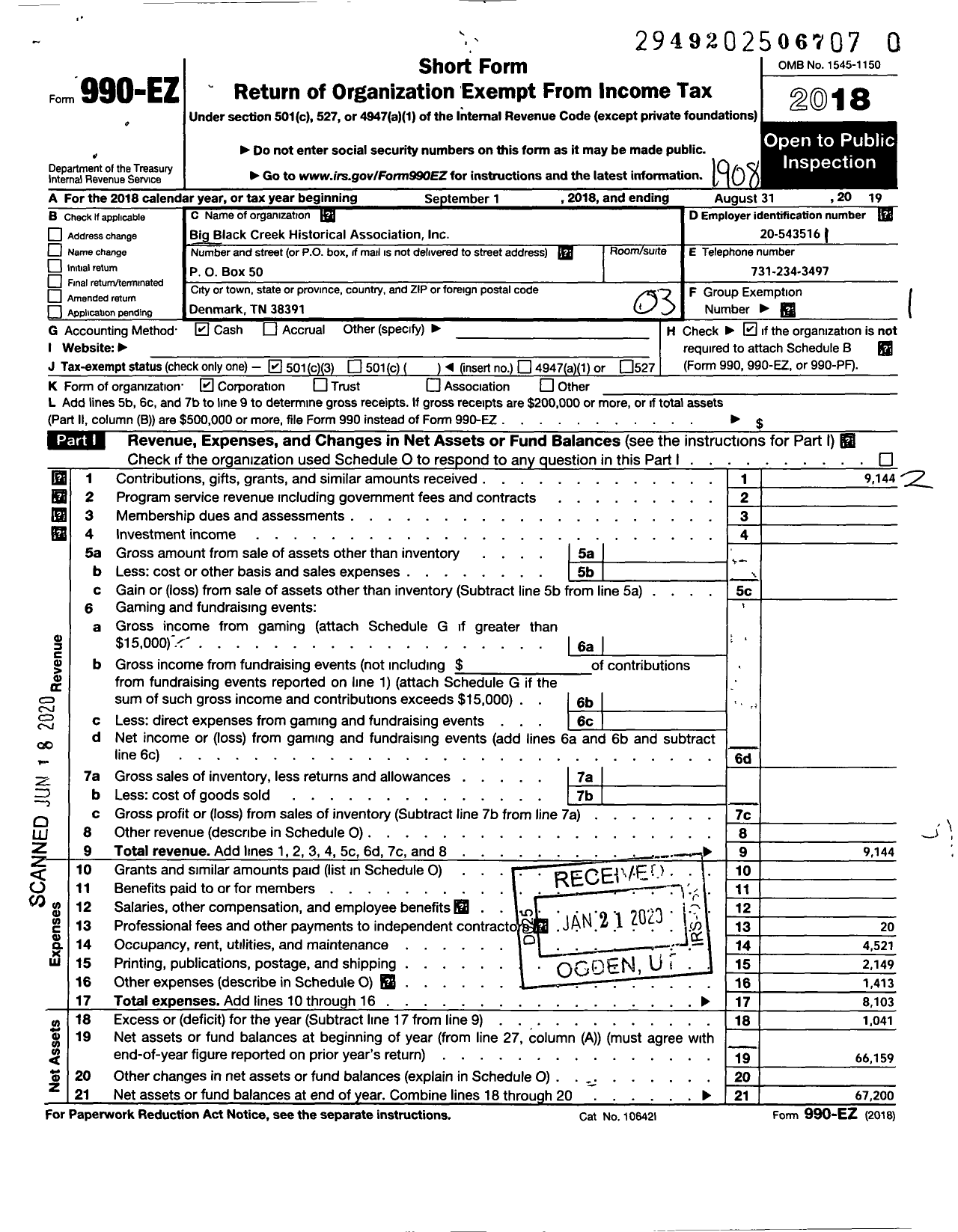 Image of first page of 2018 Form 990EZ for Big Black Creek Historicalassociation