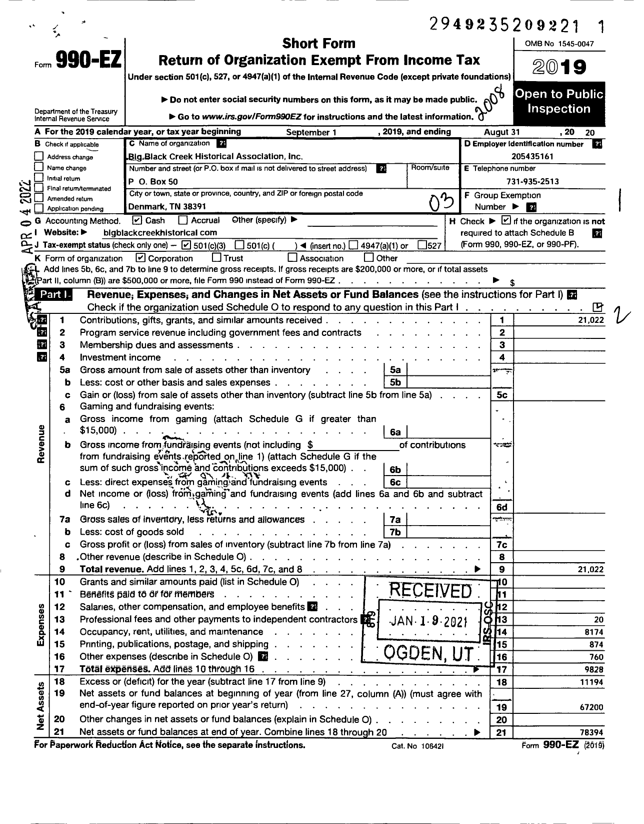 Image of first page of 2019 Form 990EZ for Big Black Creek Historicalassociation