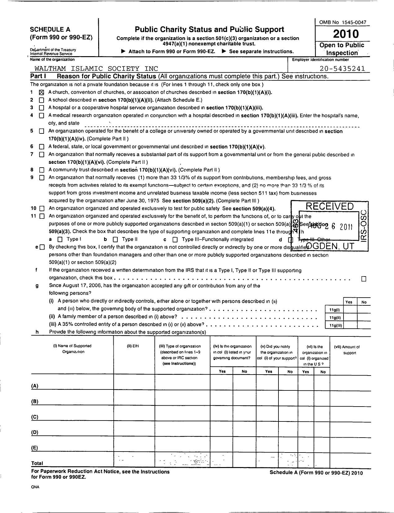 Image of first page of 2010 Form 990R for Waltham Islamic Society
