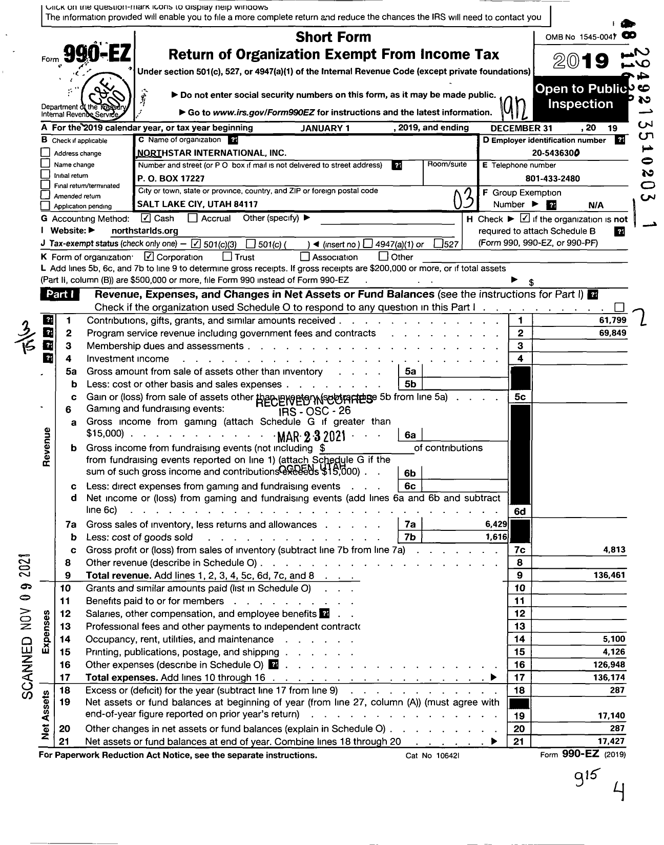 Image of first page of 2019 Form 990EZ for Northstar International