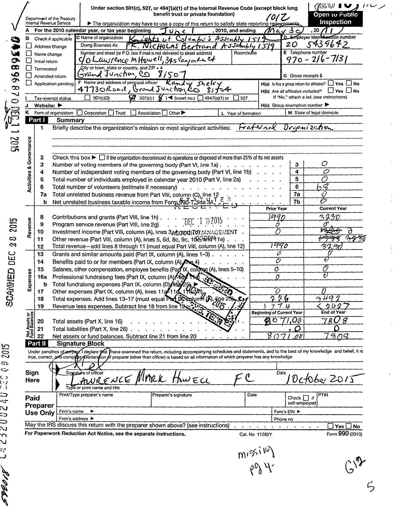 Image of first page of 2010 Form 990O for Knights of Columbus - 1519 FR Nicholas Bertrand Assembly