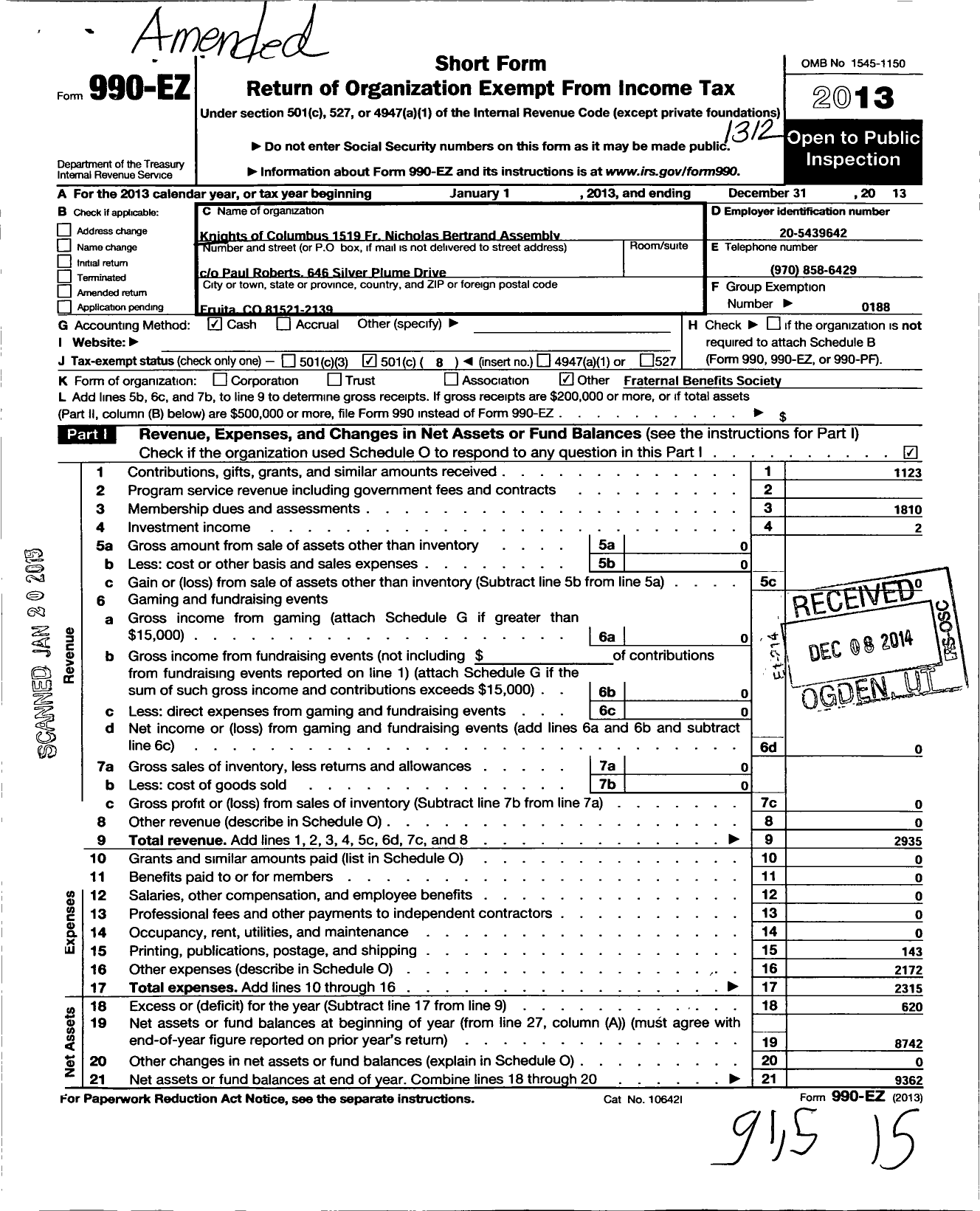 Image of first page of 2013 Form 990EO for Knights of Columbus - 1519 FR Nicholas Bertrand Assembly