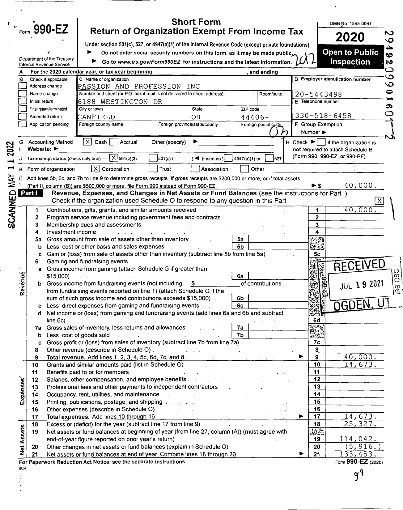 Image of first page of 2020 Form 990EZ for Passion and Profession