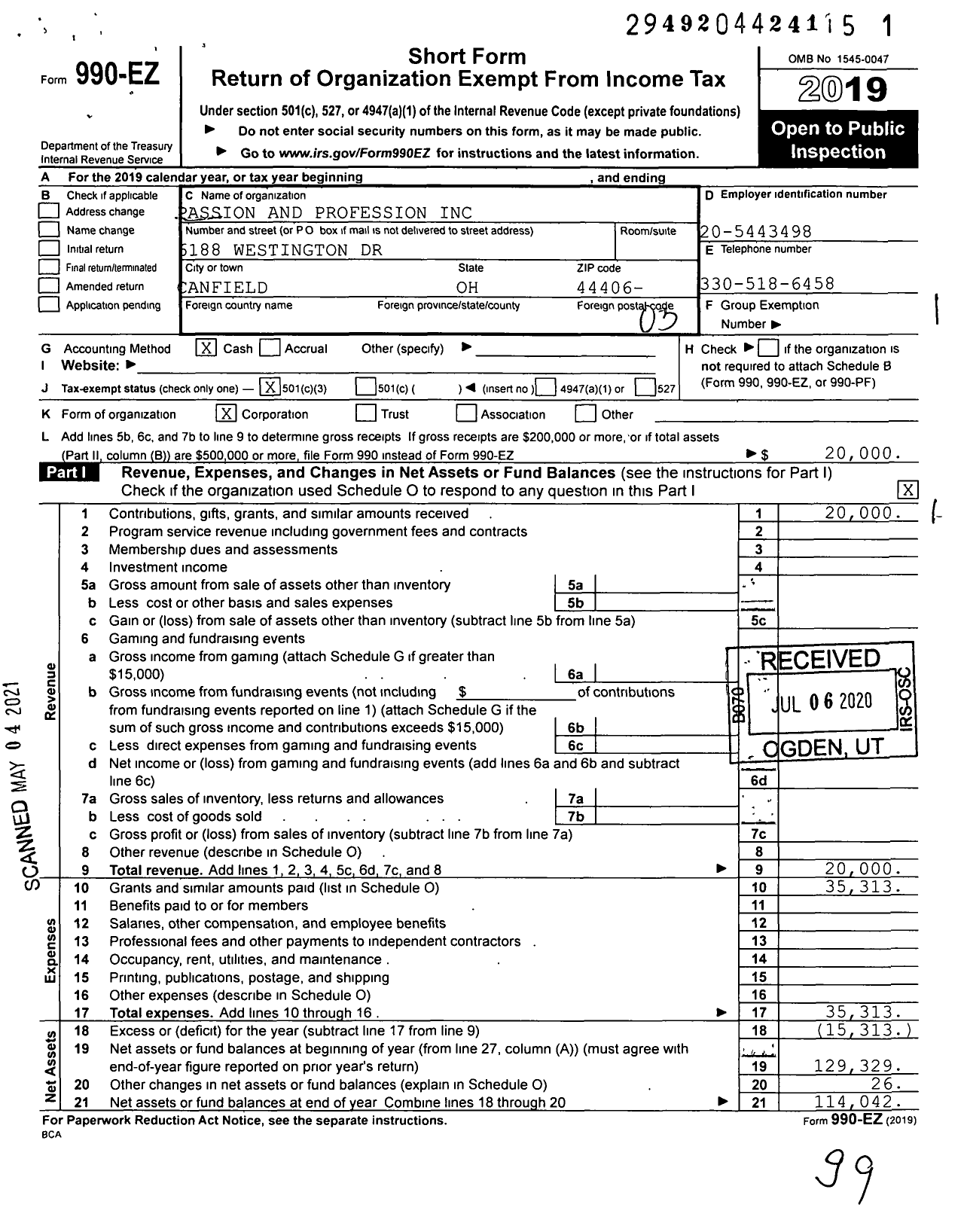 Image of first page of 2019 Form 990EZ for Passion and Profession