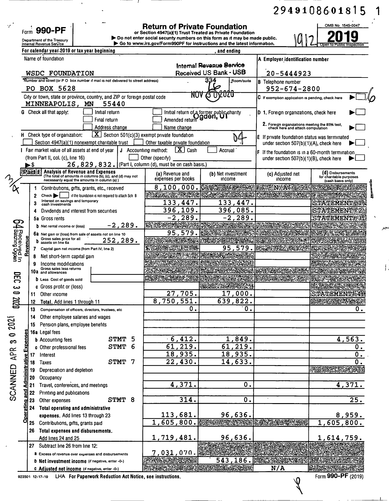 Image of first page of 2019 Form 990PF for WSDC Foundation