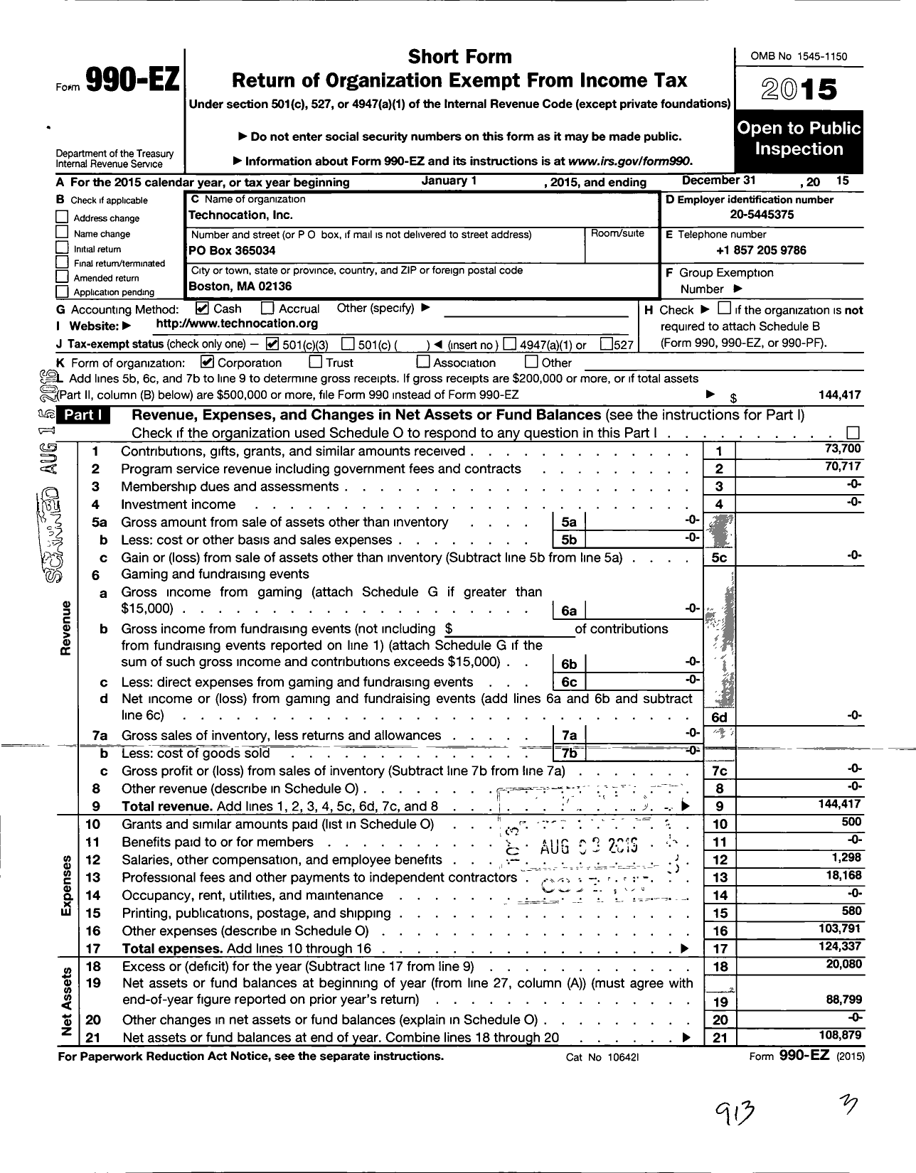 Image of first page of 2015 Form 990EZ for Technocation