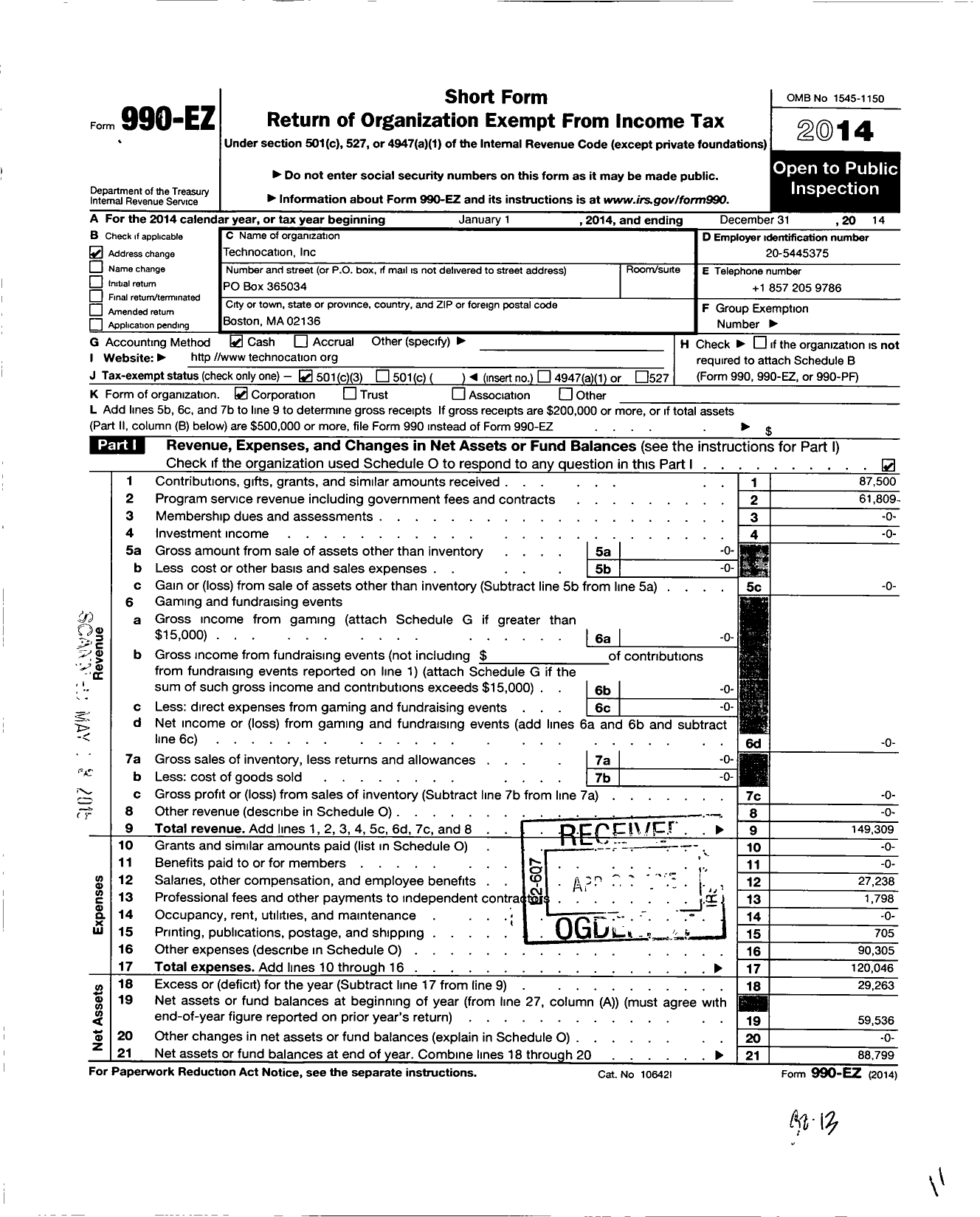 Image of first page of 2014 Form 990EZ for Technocation