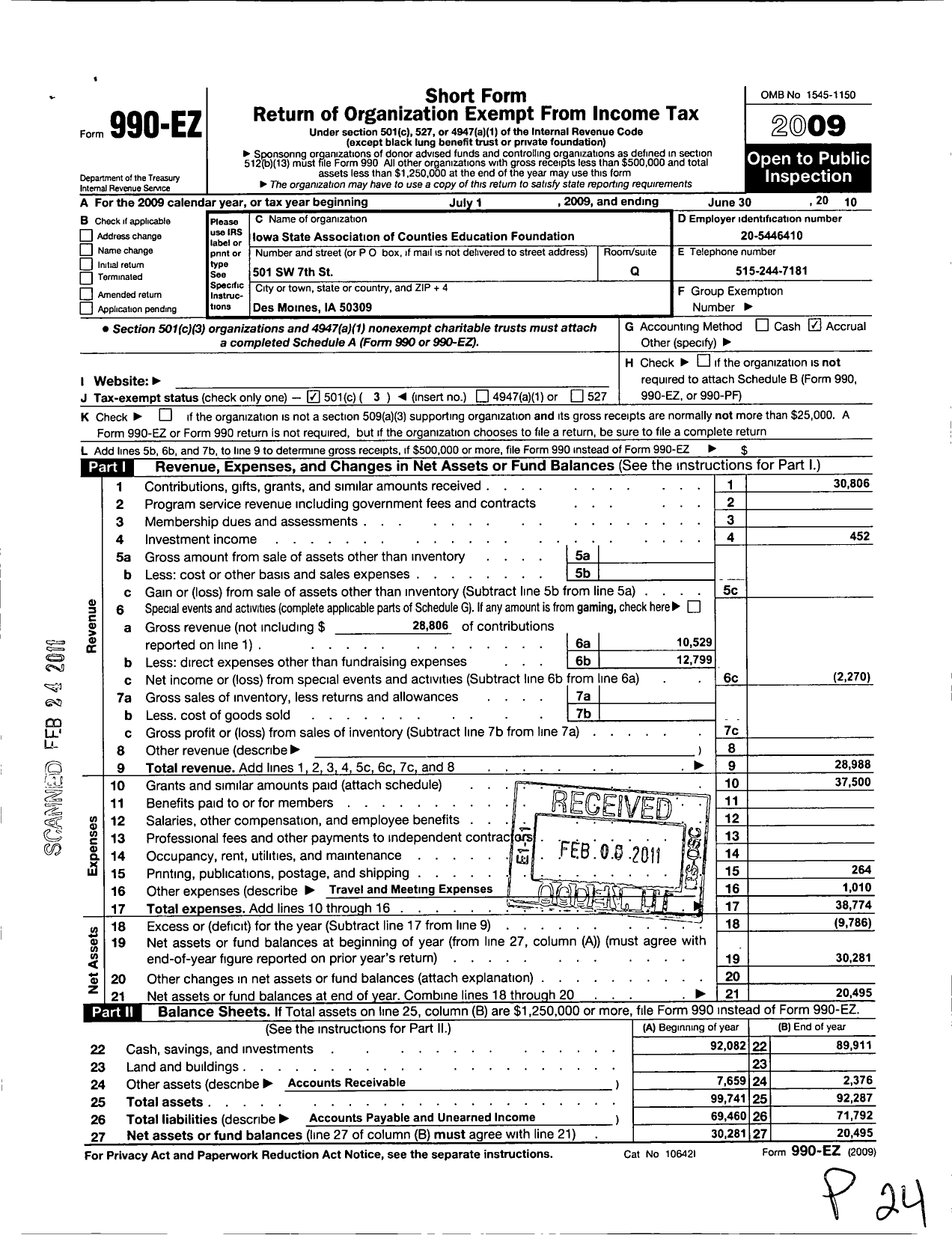 Image of first page of 2009 Form 990EZ for Iowa State Association of Counties Education Foundation