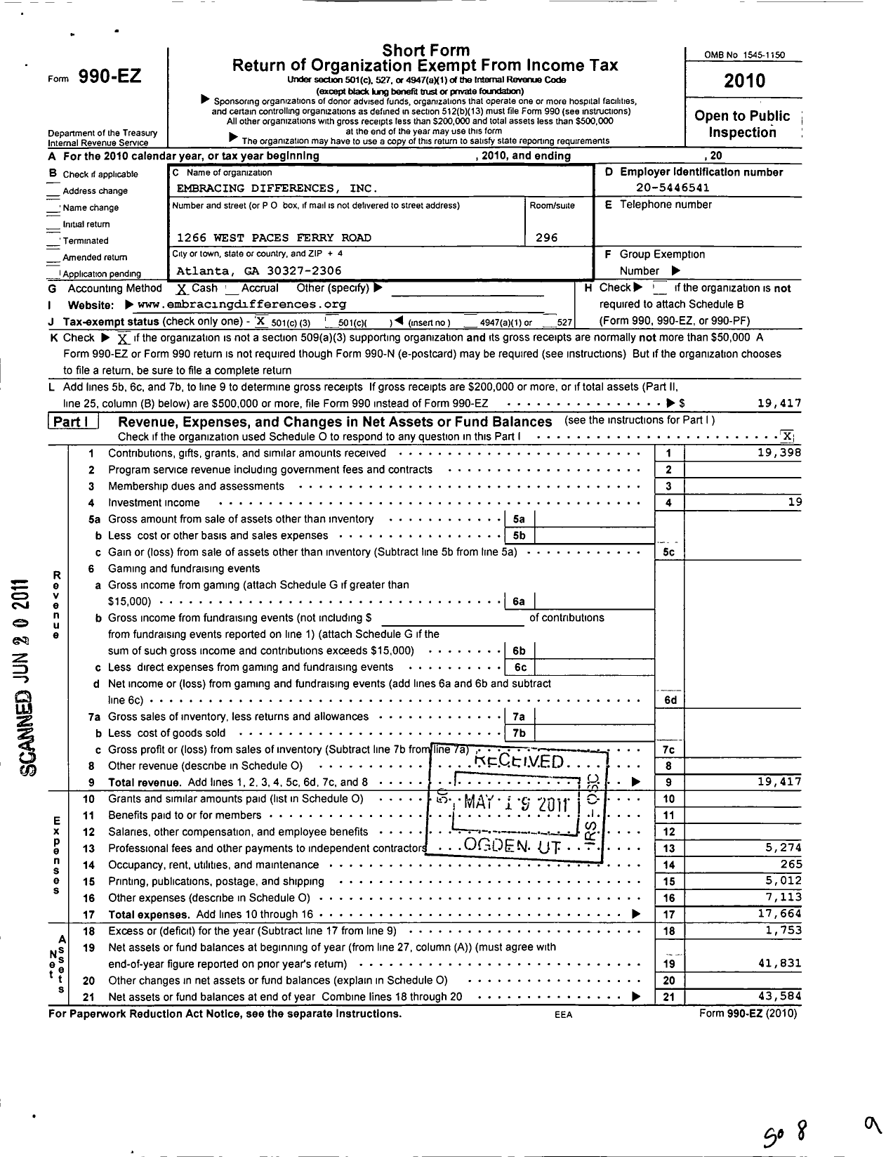 Image of first page of 2010 Form 990EZ for Embracing Differences