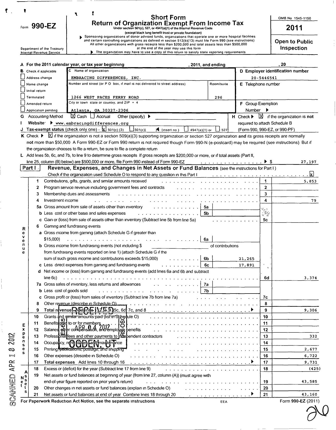 Image of first page of 2011 Form 990EZ for Embracing Differences