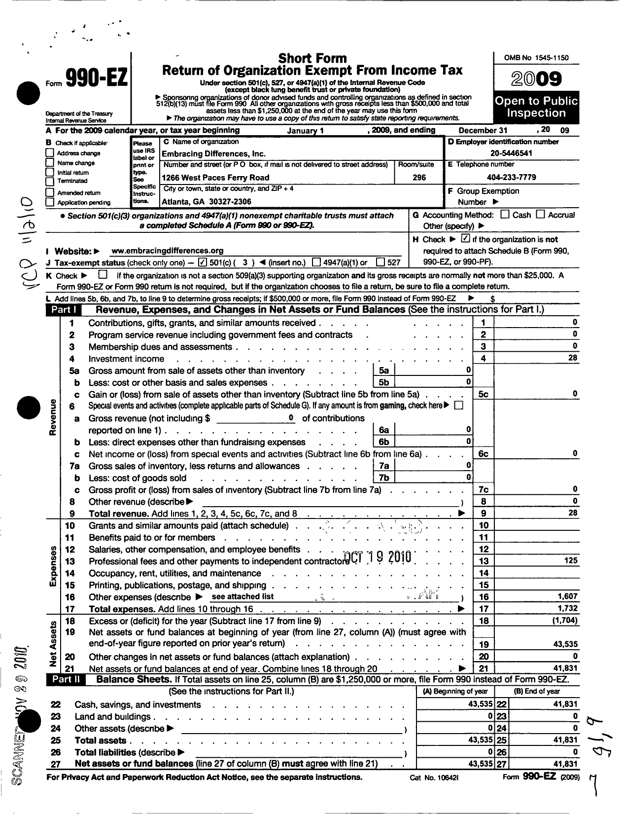 Image of first page of 2009 Form 990EZ for Embracing Differences