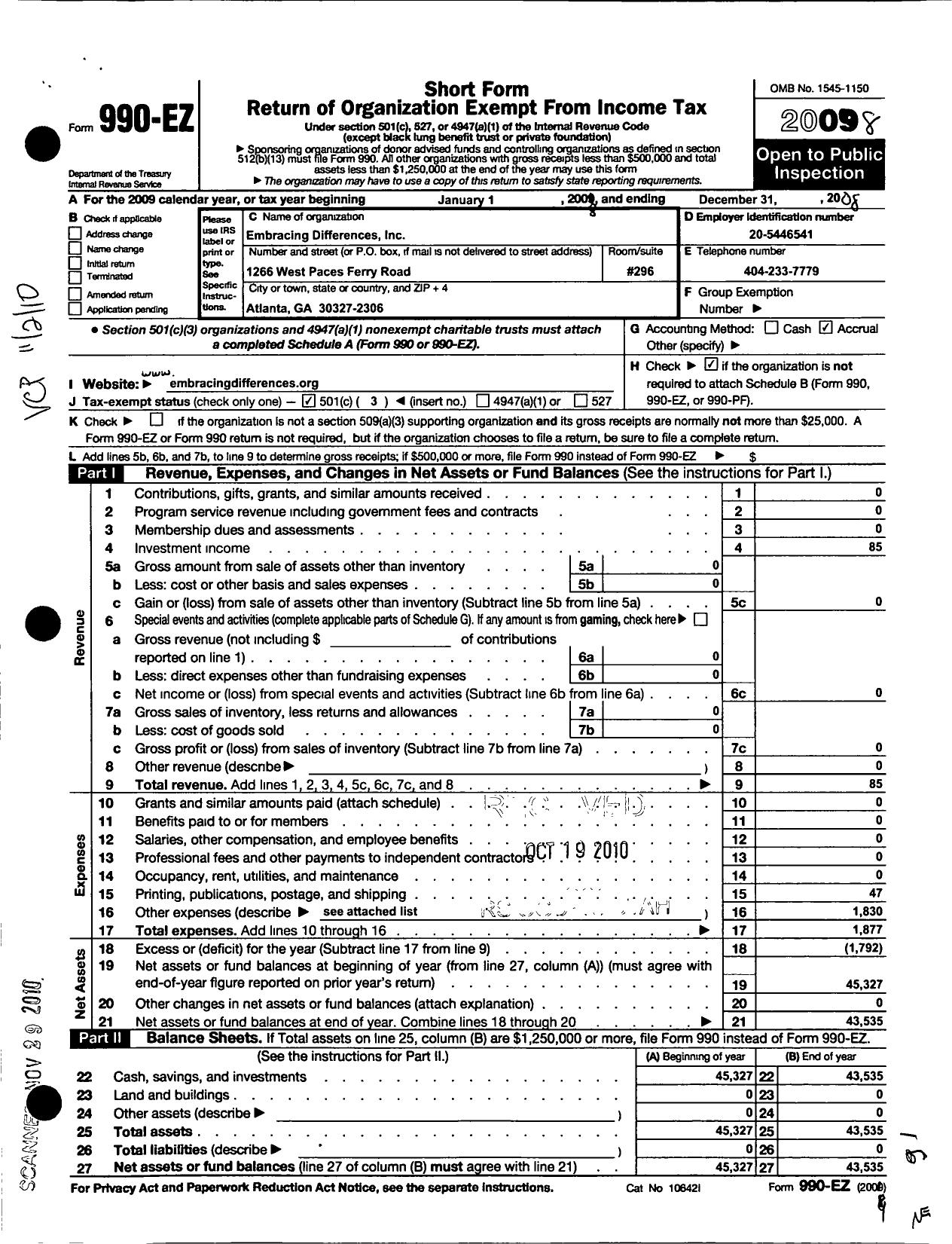 Image of first page of 2008 Form 990EZ for Embracing Differences