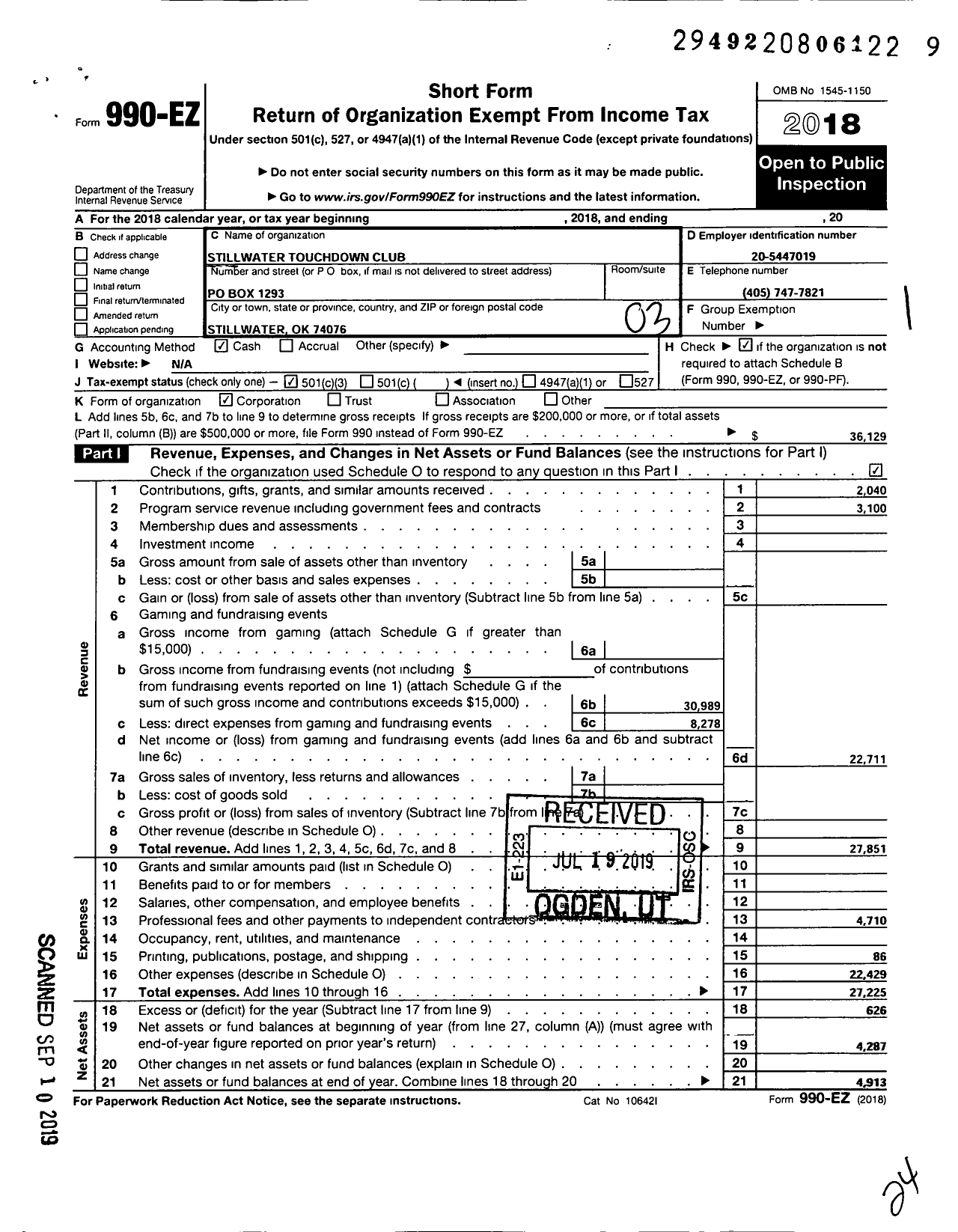 Image of first page of 2018 Form 990EZ for Stillwater Touchdown Club