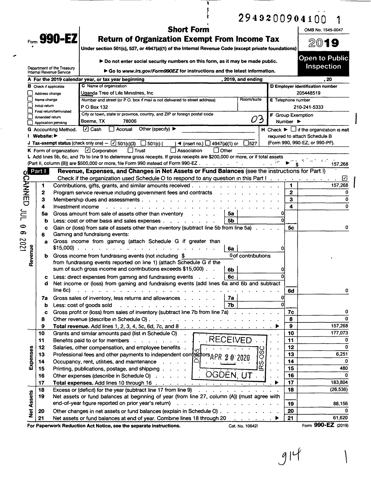 Image of first page of 2019 Form 990EZ for Uganda Tree of Life Ministries