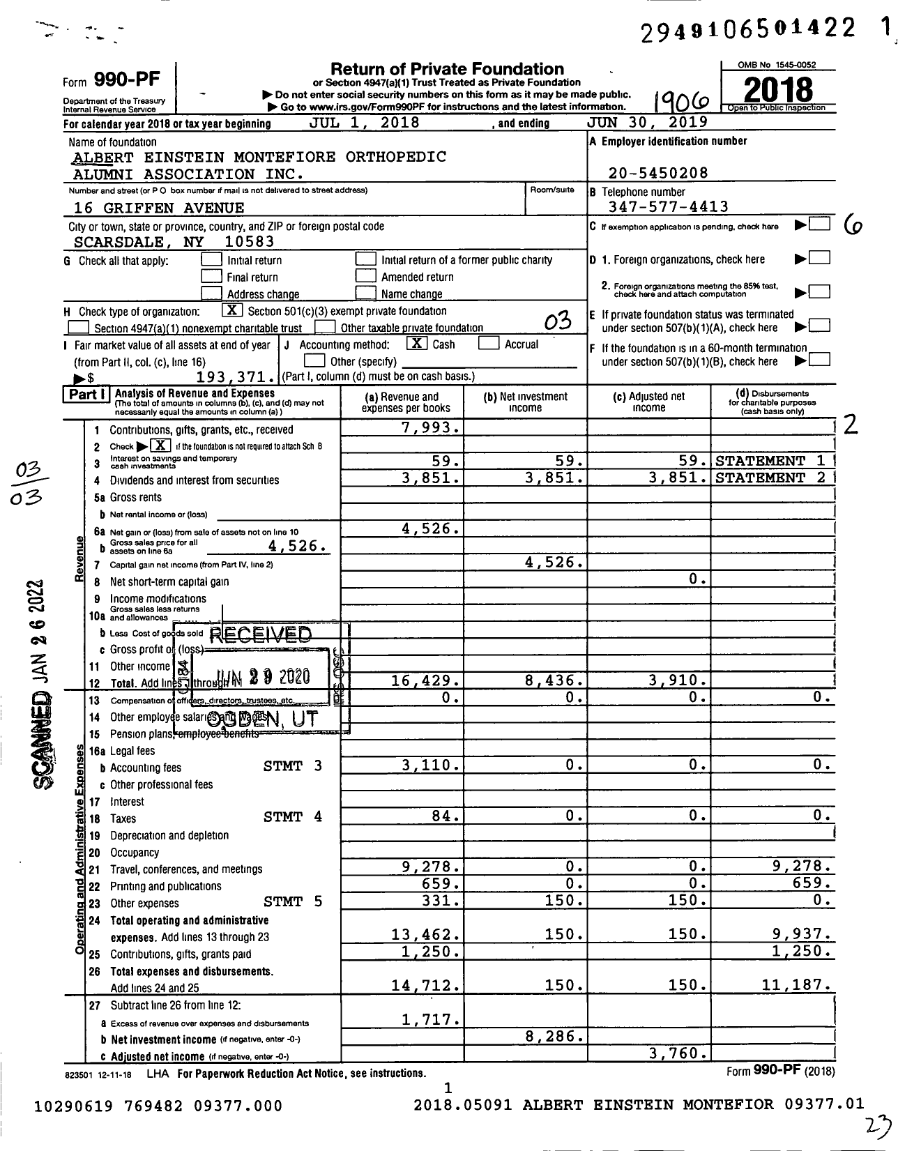 Image of first page of 2018 Form 990PF for Albert Einstein Montefiore Orthopedic Alumni Association