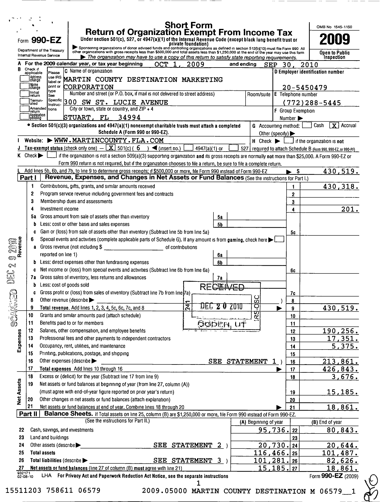 Image of first page of 2009 Form 990EO for Martin County Destination Marketing Corporation