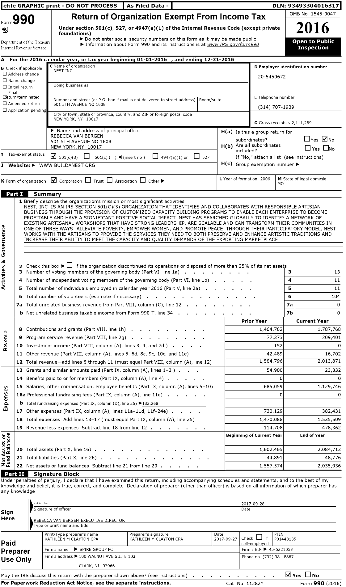 Image of first page of 2016 Form 990 for Nest (NEST)