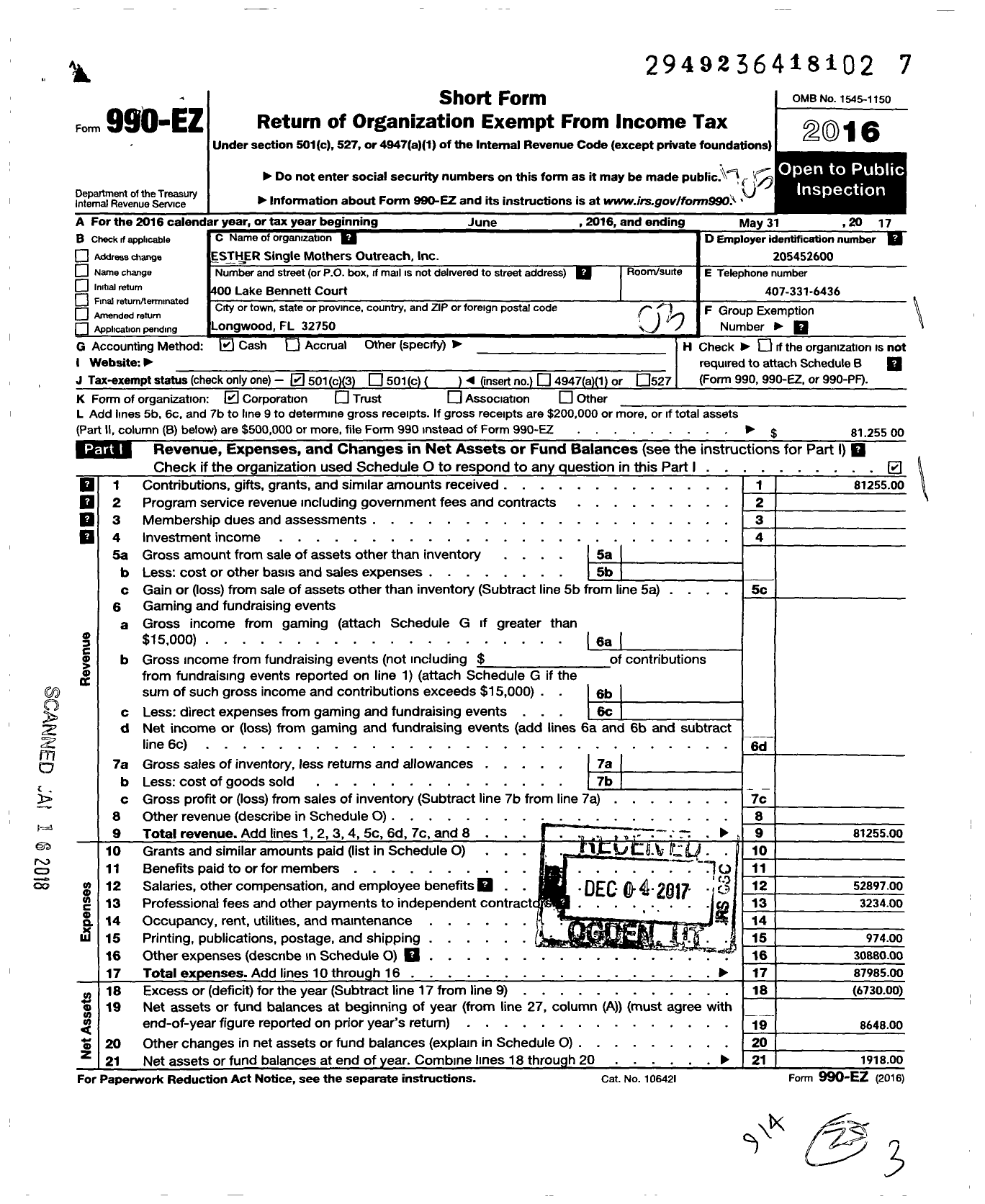 Image of first page of 2016 Form 990EZ for Esther Single Mothers Outreach