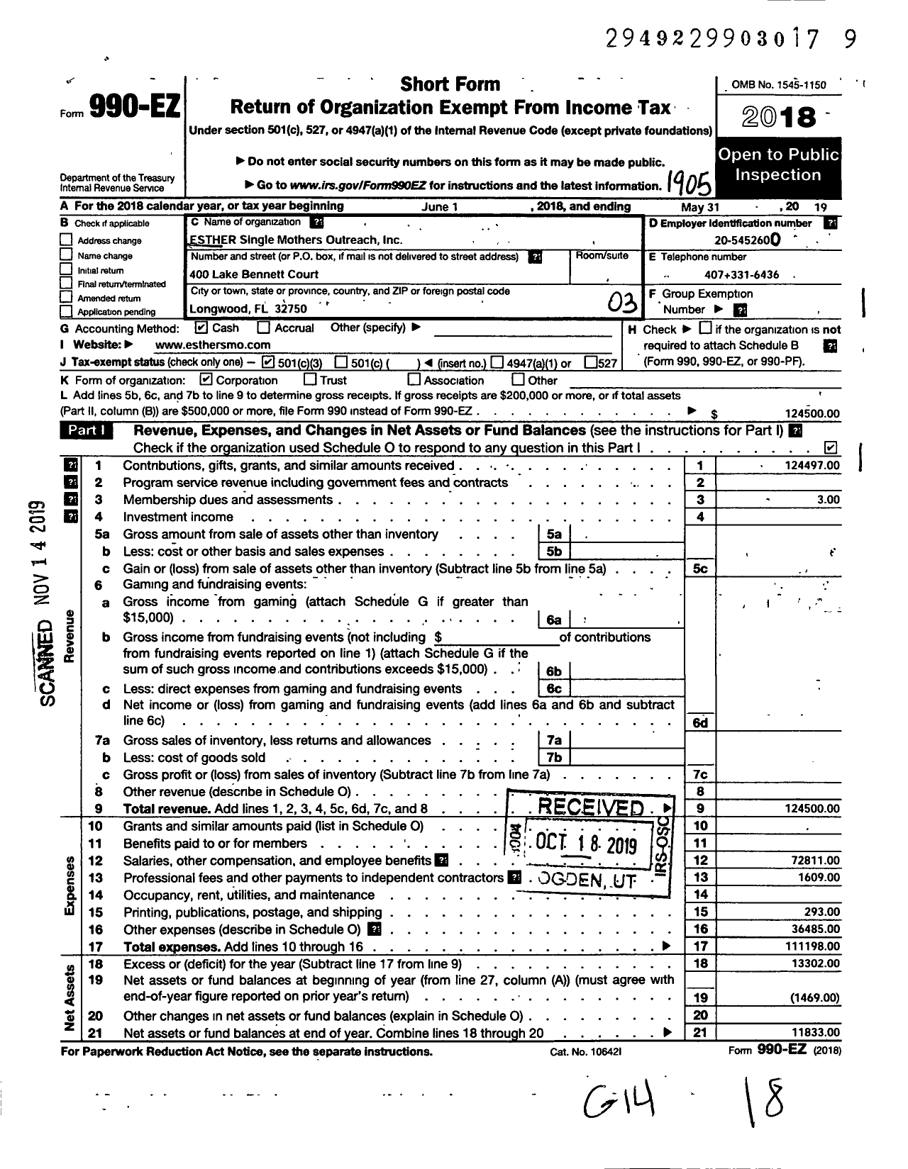 Image of first page of 2018 Form 990EZ for Esther Single Mothers Outreach