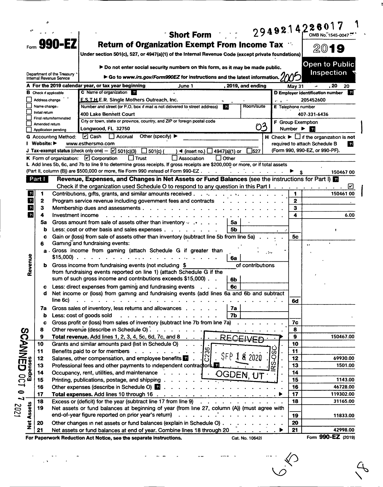 Image of first page of 2019 Form 990EZ for Esther Single Mothers Outreach