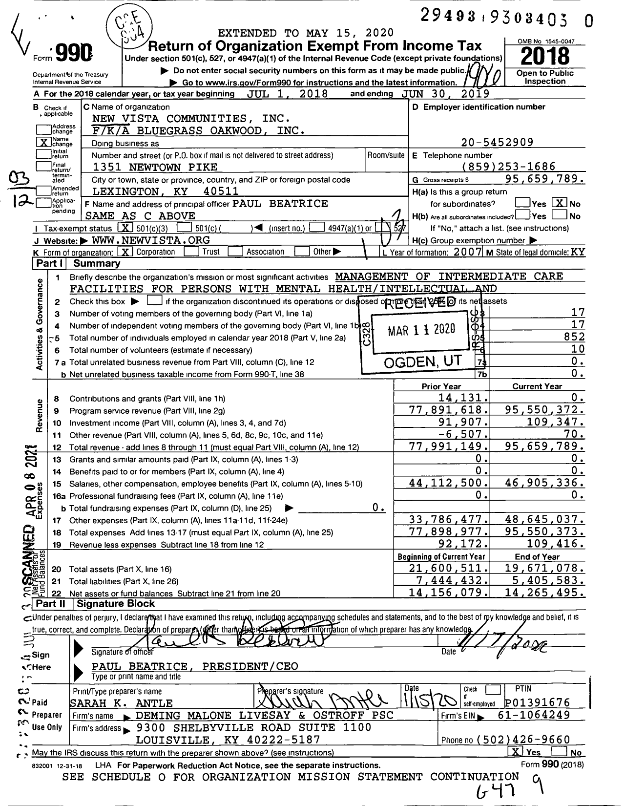 Image of first page of 2018 Form 990 for New Vista Communities