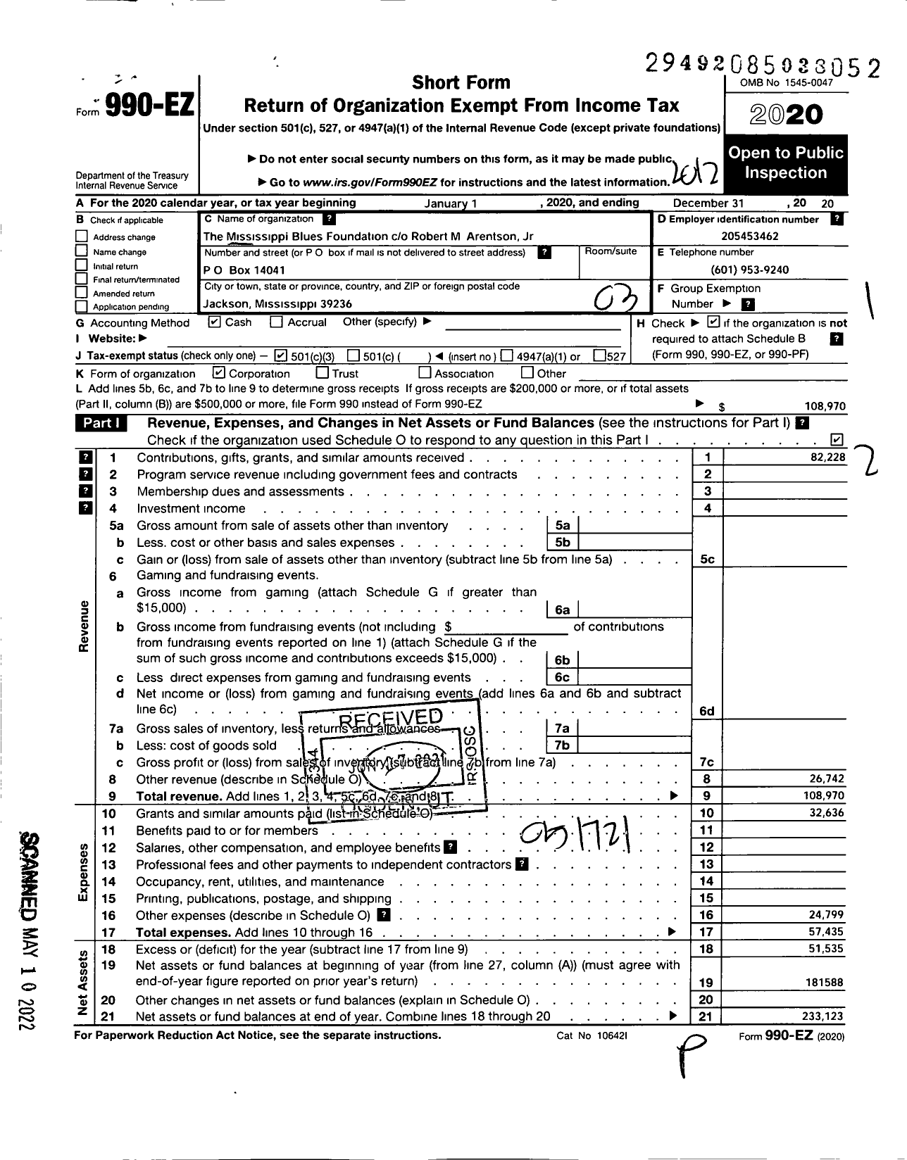 Image of first page of 2020 Form 990EZ for Mississippi Blues Foundation