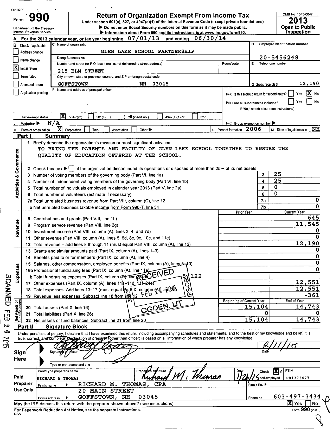 Image of first page of 2013 Form 990 for Glen Lake School Partnership