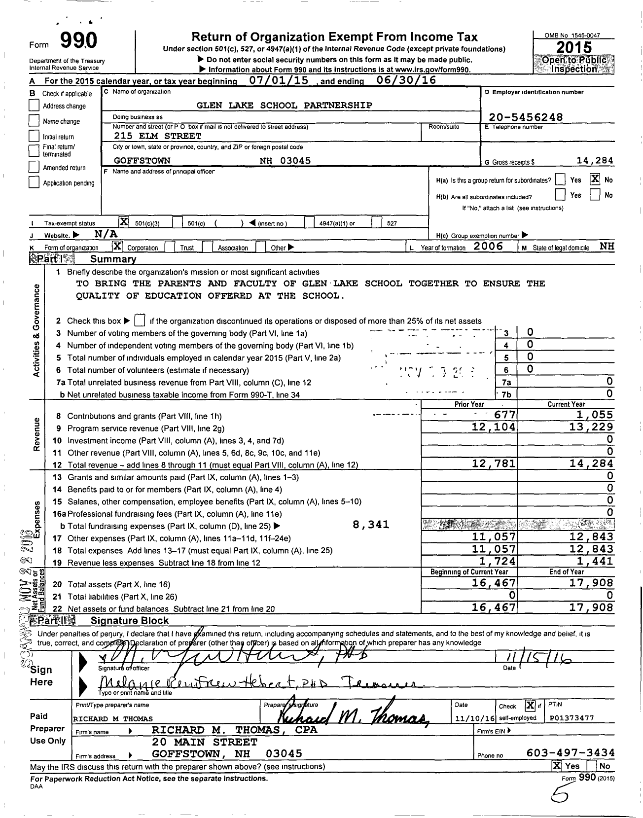 Image of first page of 2015 Form 990 for Glen Lake School Partnership