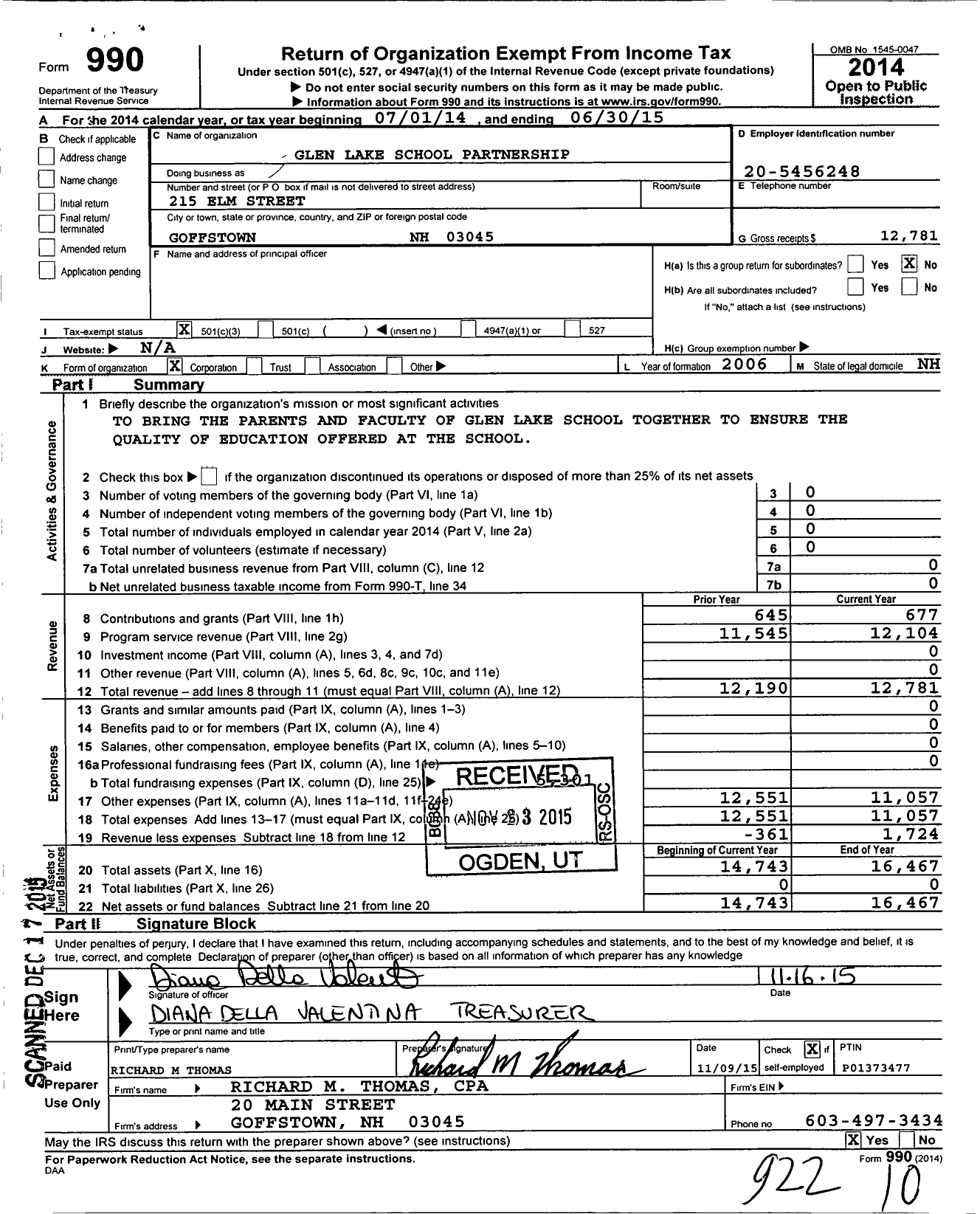 Image of first page of 2014 Form 990 for Glen Lake School Partnership