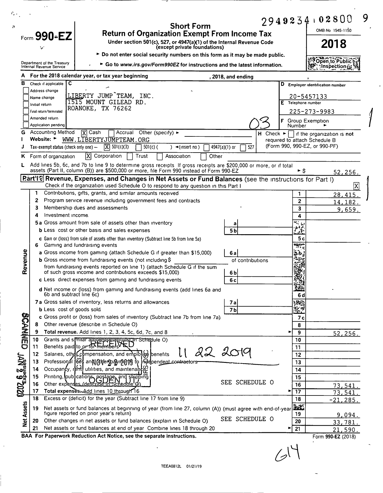 Image of first page of 2018 Form 990EZ for Liberty Jump Team