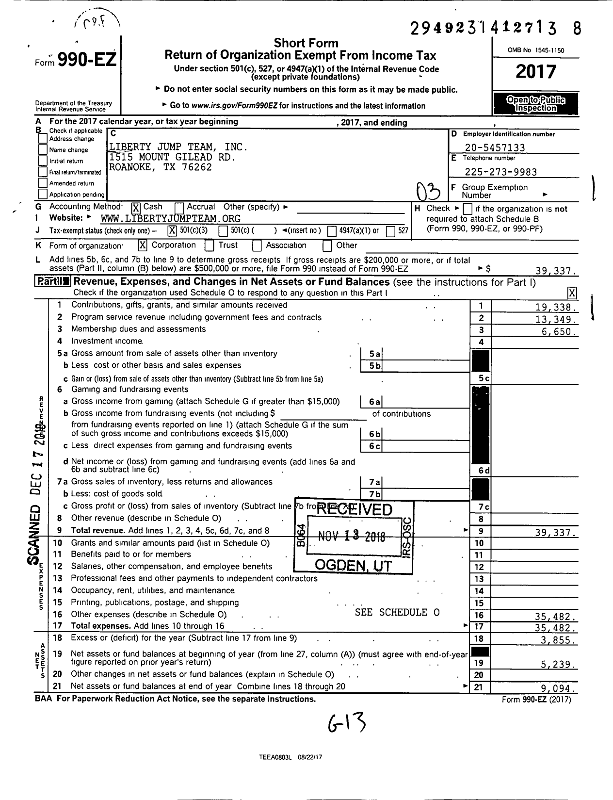 Image of first page of 2017 Form 990EZ for Liberty Jump Team