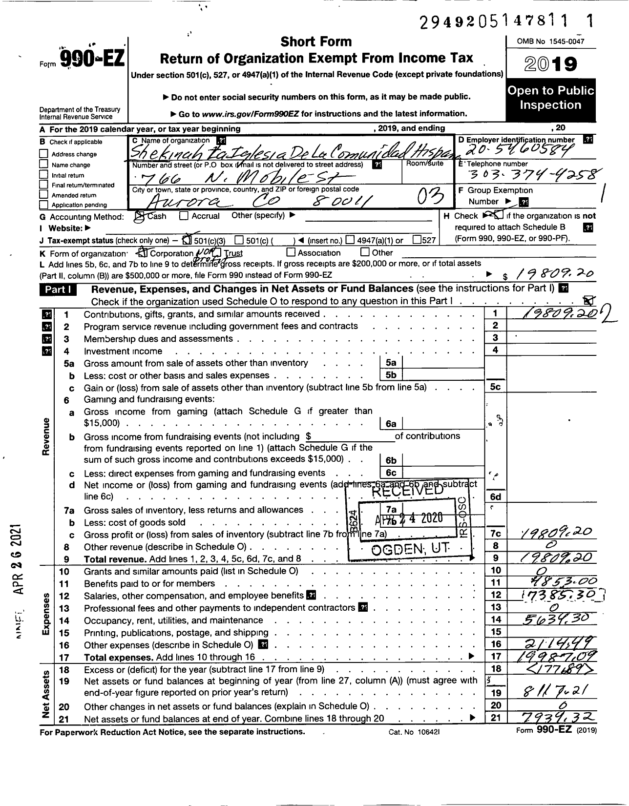 Image of first page of 2019 Form 990EZ for Shekinah Inglesia de La Comunidad Hispana