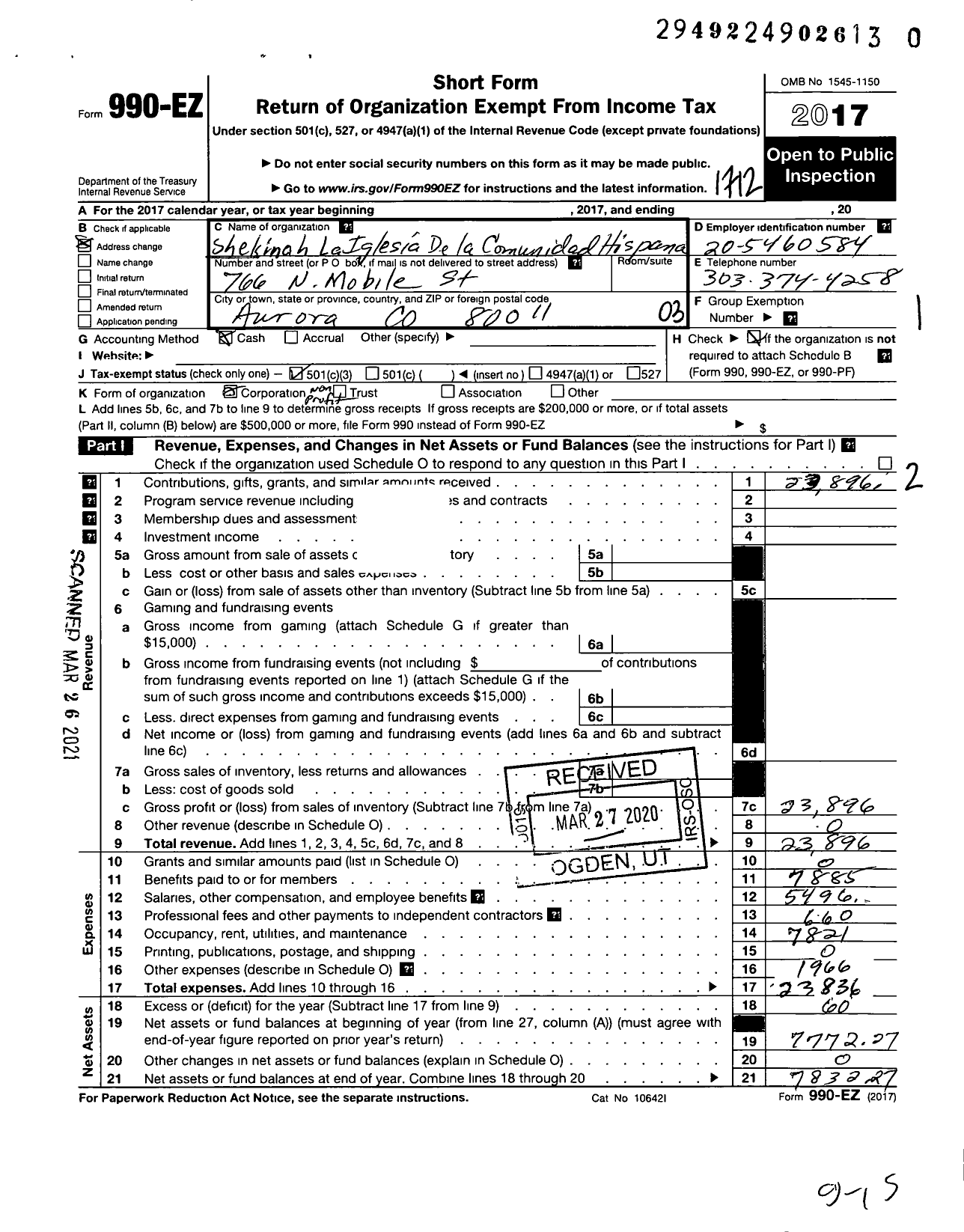 Image of first page of 2017 Form 990EZ for Shekinah Inglesia de La Comunidad Hispana