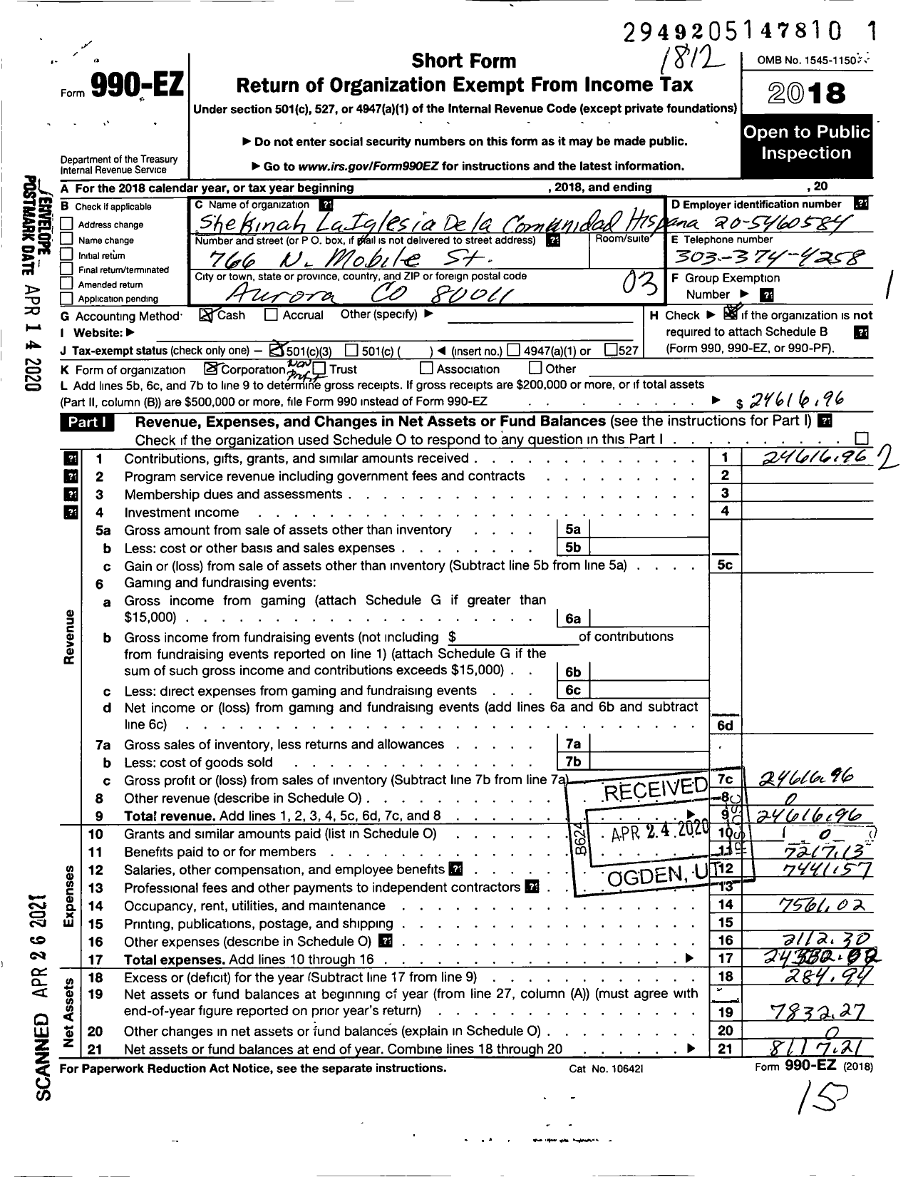 Image of first page of 2018 Form 990EZ for Shekinah Inglesia de La Comunidad Hispana