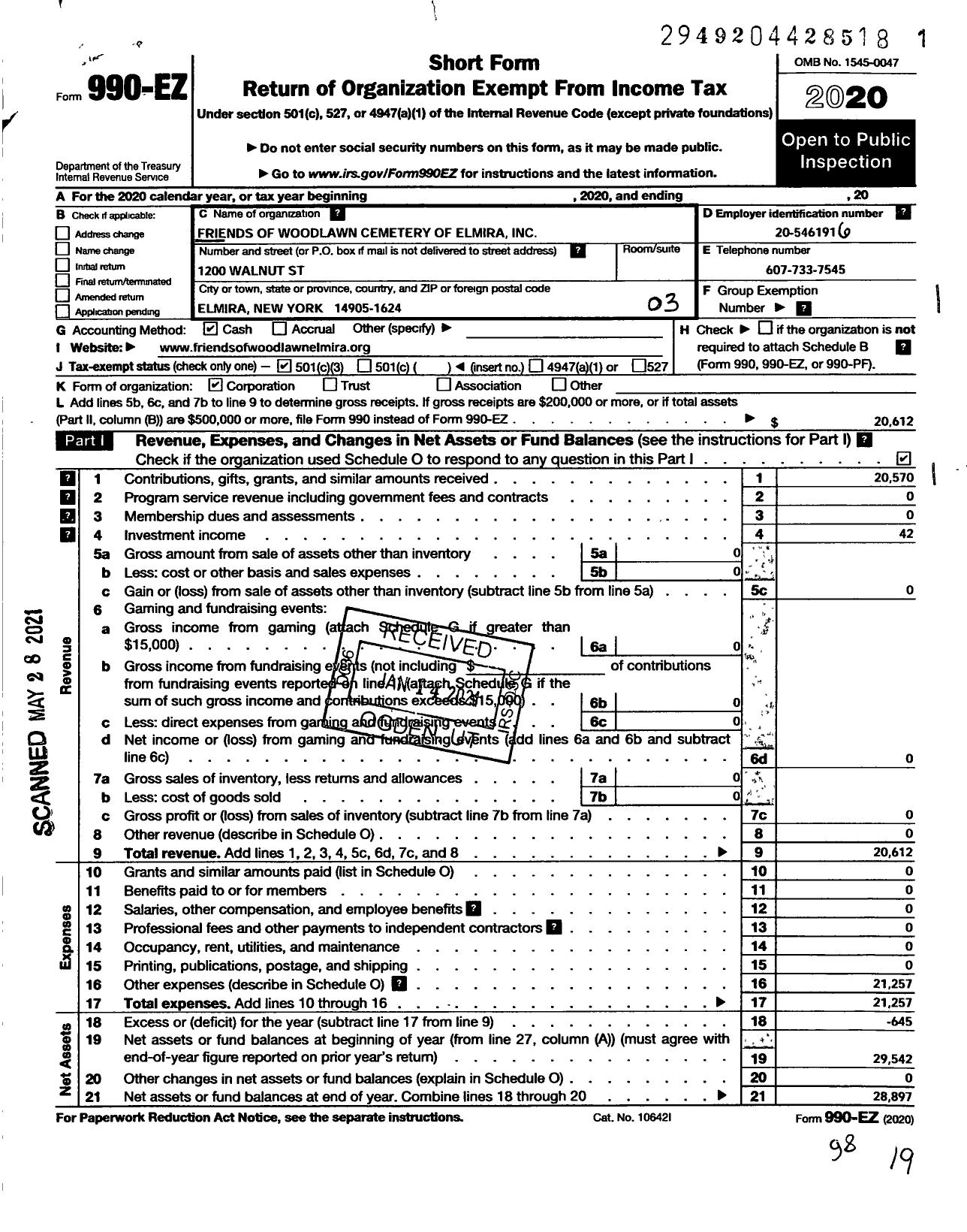 Image of first page of 2020 Form 990EZ for Friends of Woodlawn Cemetery of Elmira