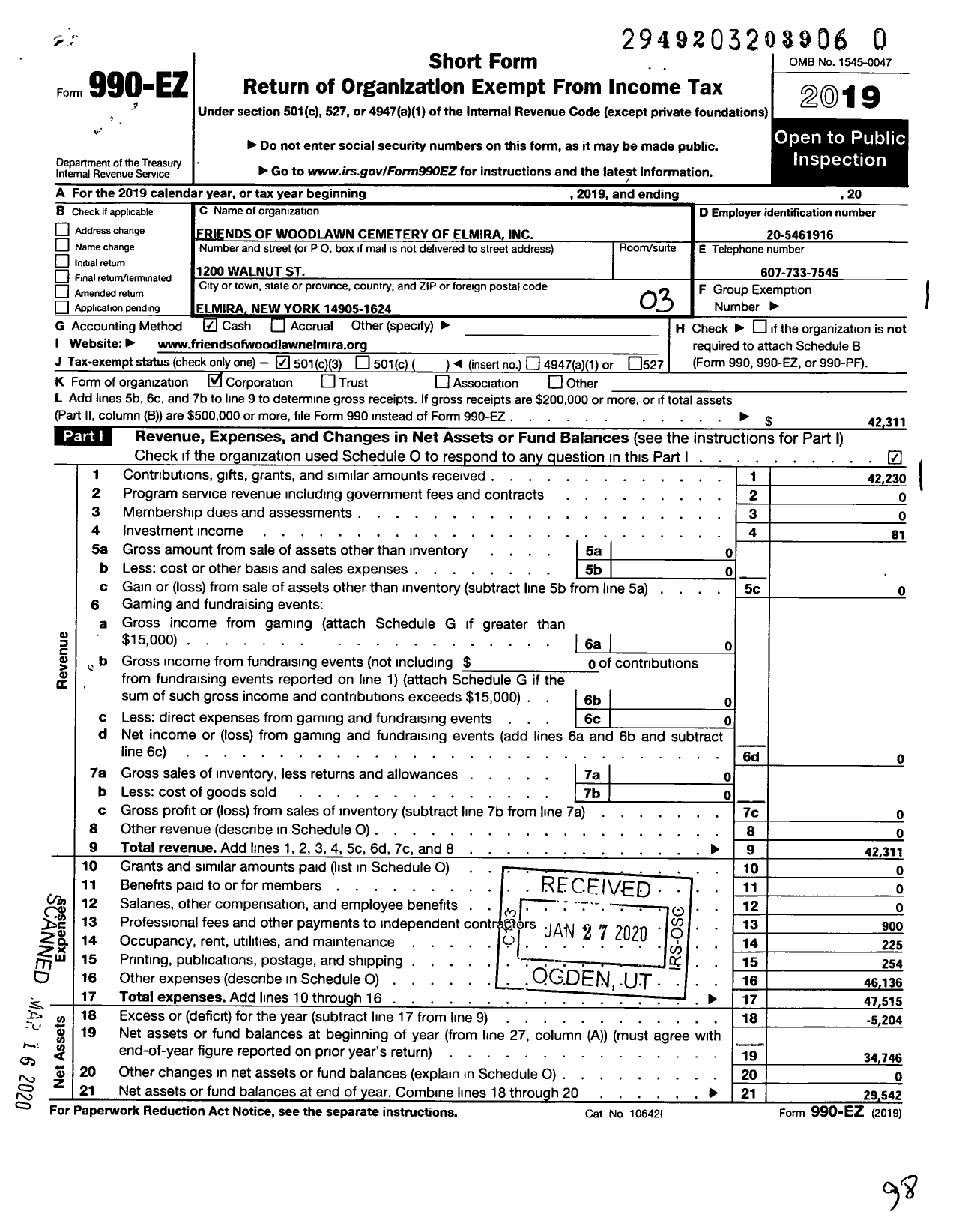 Image of first page of 2019 Form 990EZ for Friends of Woodlawn Cemetery of Elmira