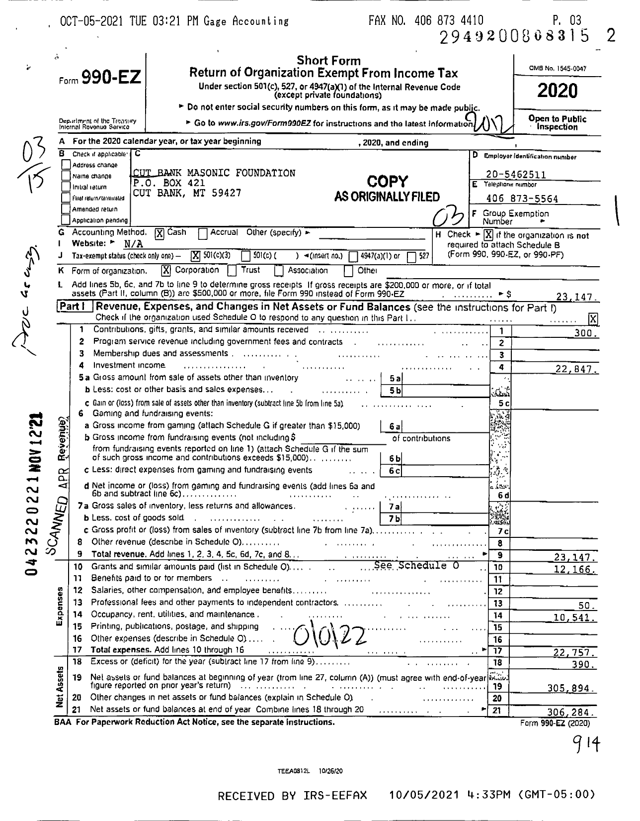 Image of first page of 2020 Form 990EZ for Cut Bank Masonic Foundation