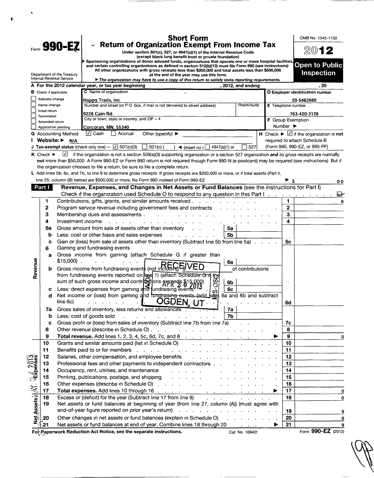 Image of first page of 2012 Form 990EZ for Happy Trails