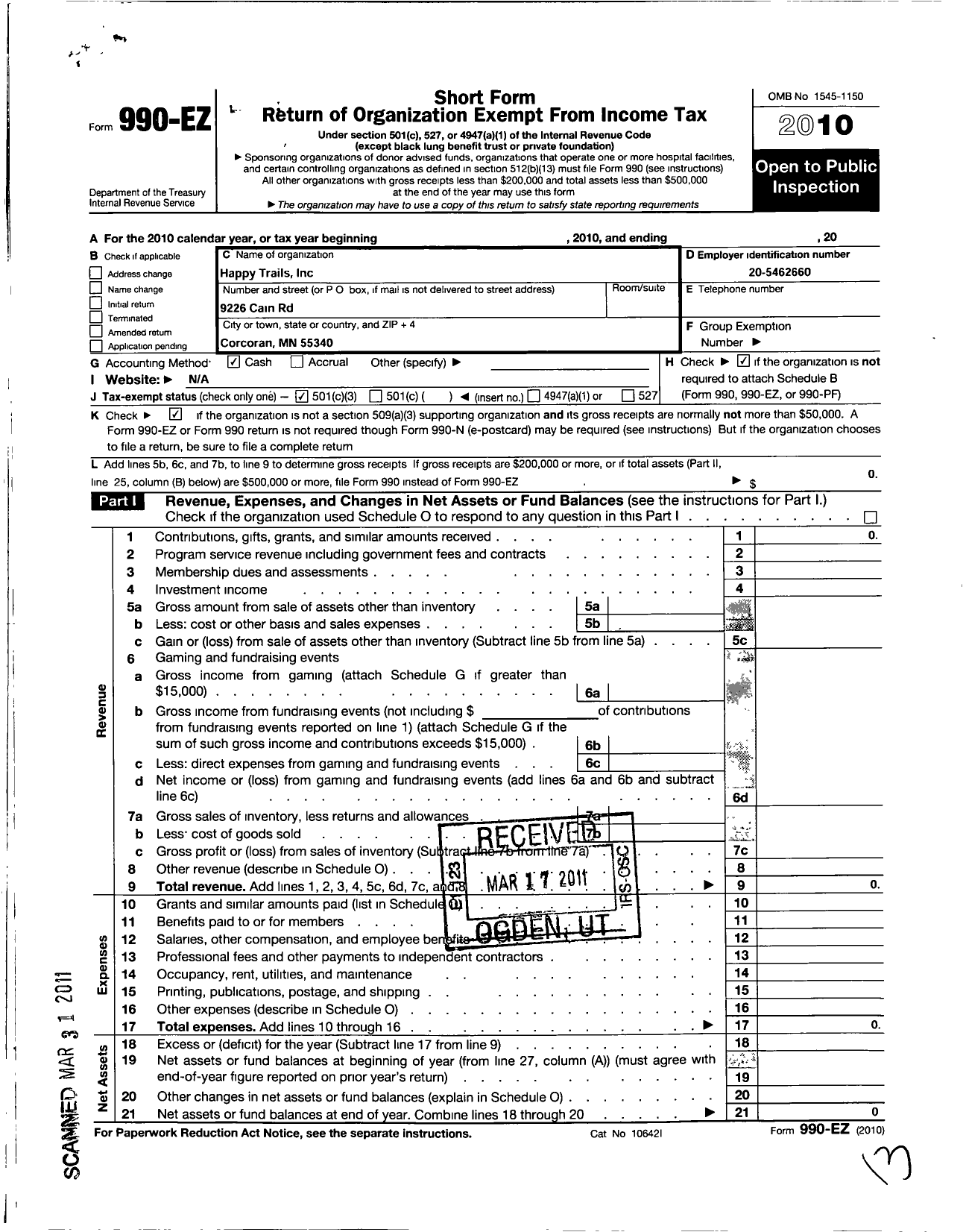 Image of first page of 2010 Form 990EZ for Happy Trails