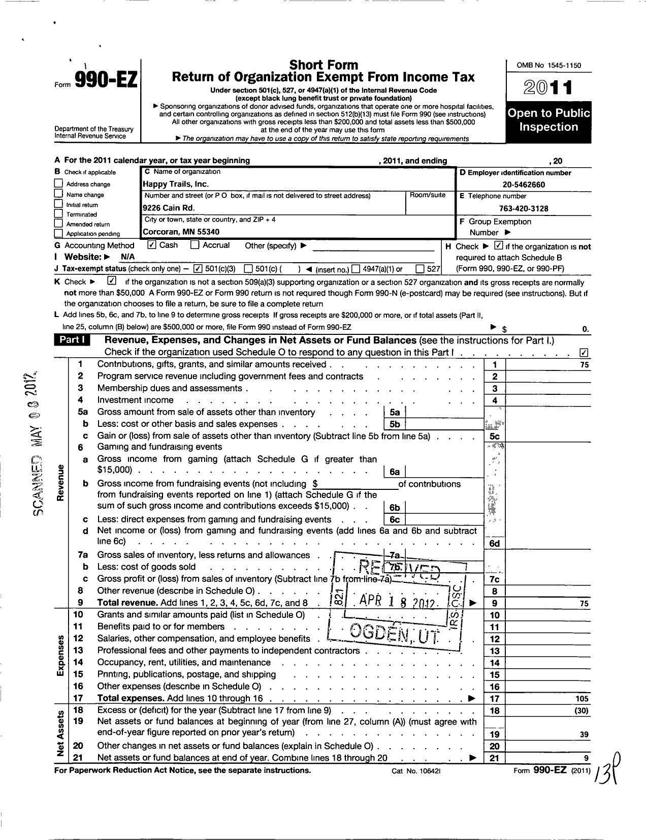 Image of first page of 2011 Form 990EZ for Happy Trails