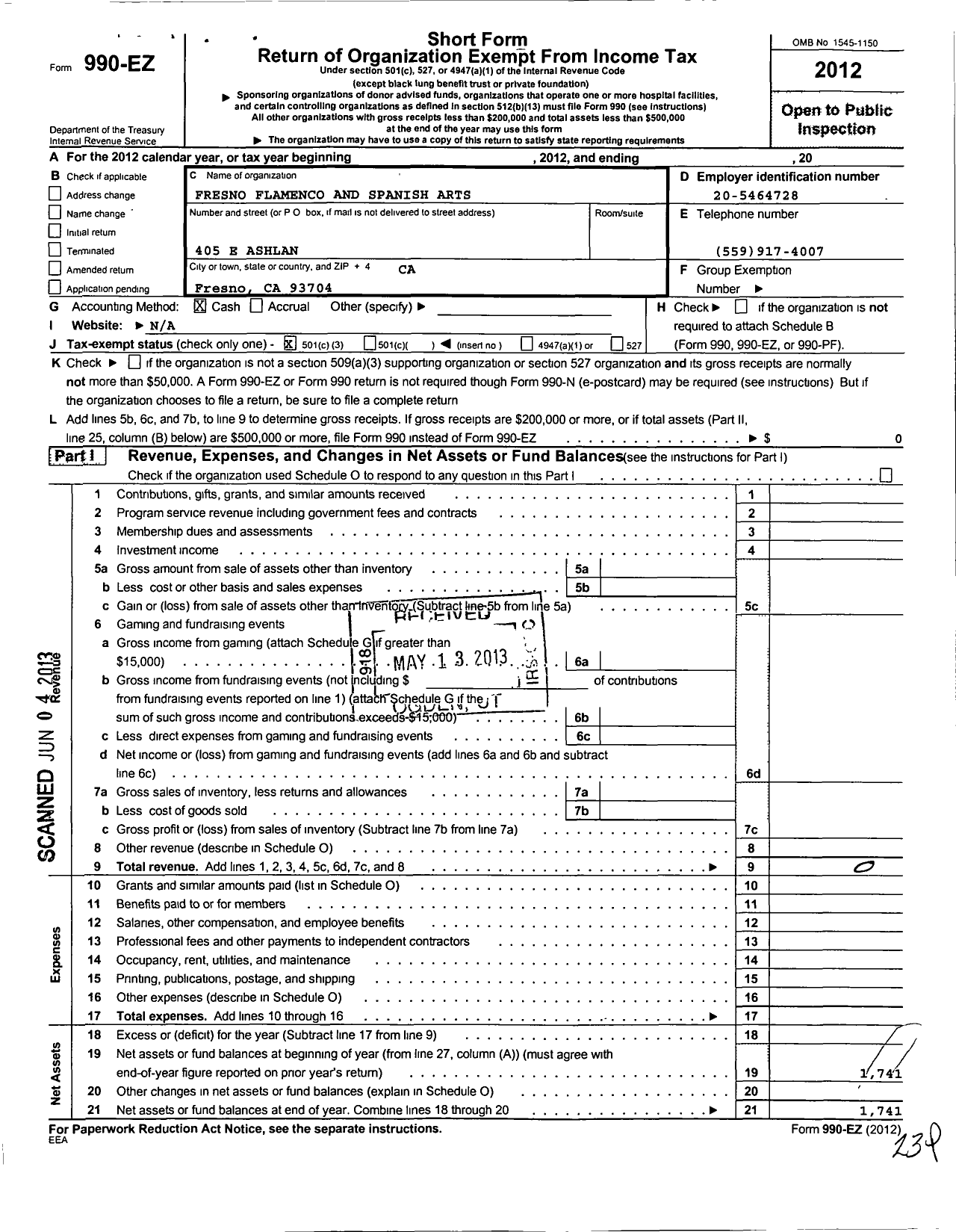 Image of first page of 2012 Form 990EZ for Fresno Flamenco and Spanish Arts Society