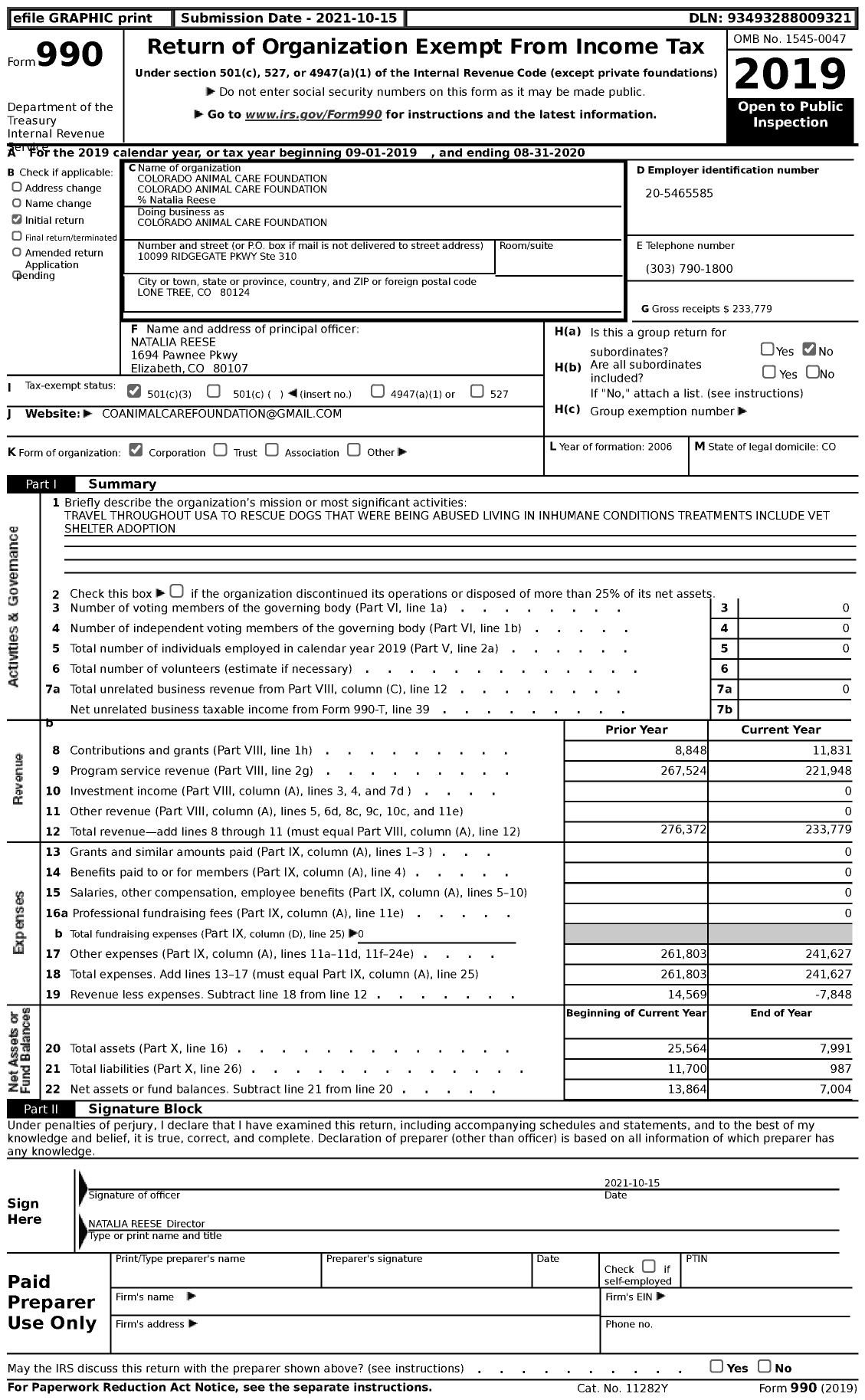 Image of first page of 2019 Form 990 for Colorado Animal Care Foundation