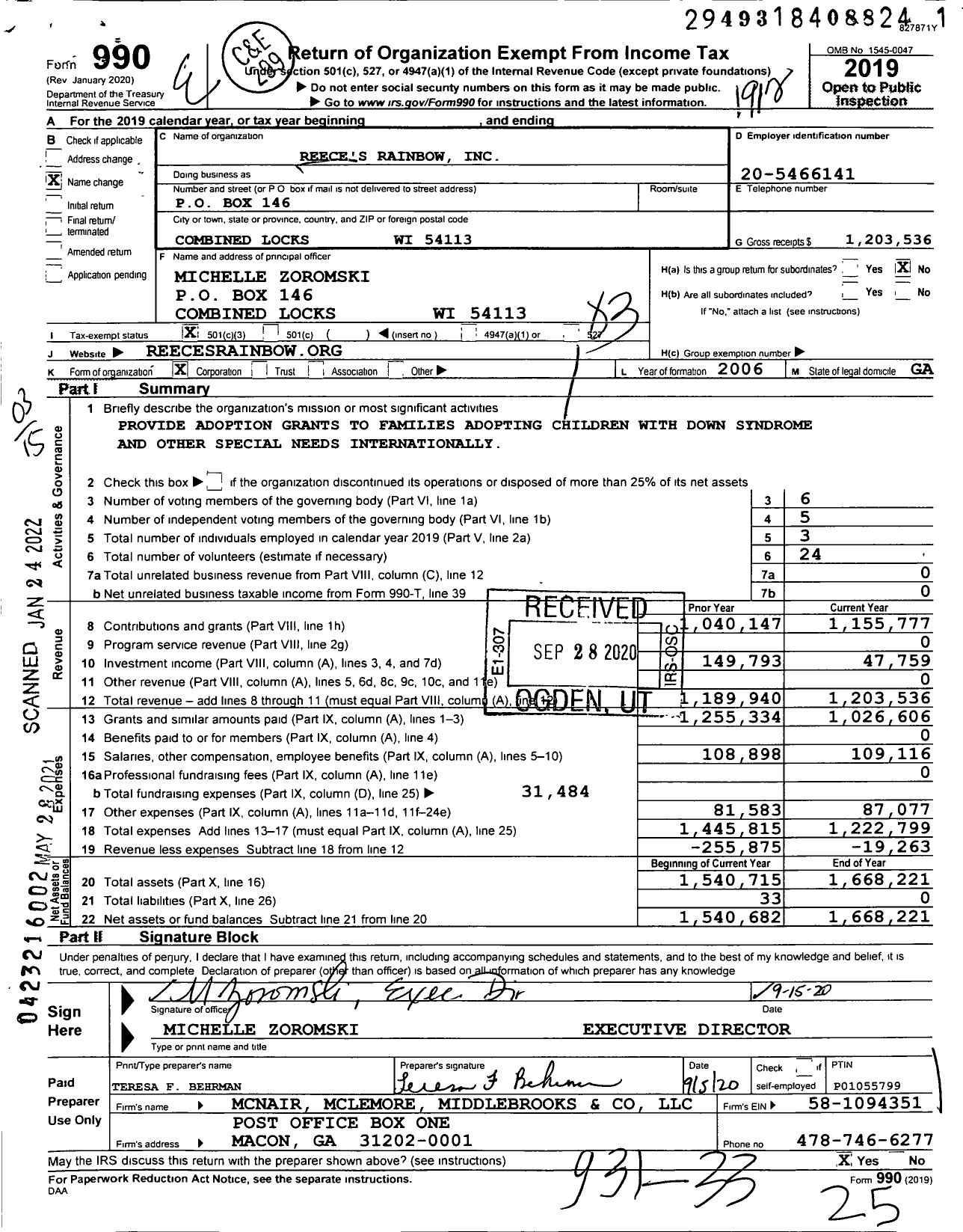 Image of first page of 2019 Form 990 for Reece's Rainbow