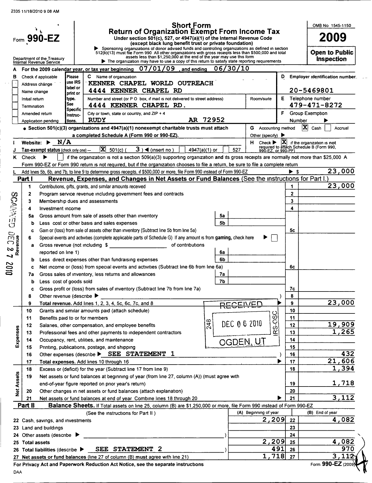 Image of first page of 2009 Form 990EZ for Kenner Chapel World Outreach