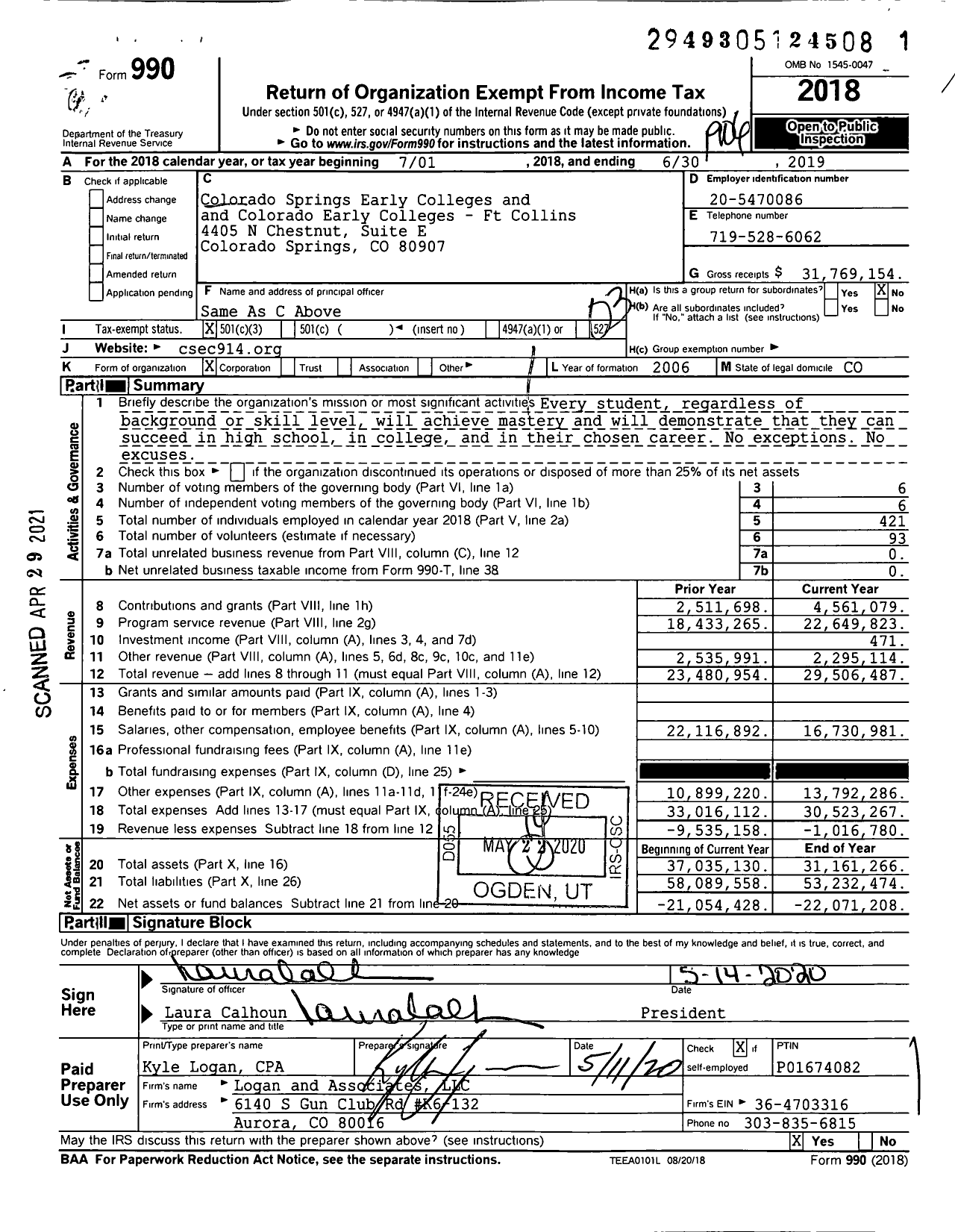 Image of first page of 2018 Form 990 for Colorado Early Colleges (CSEC)